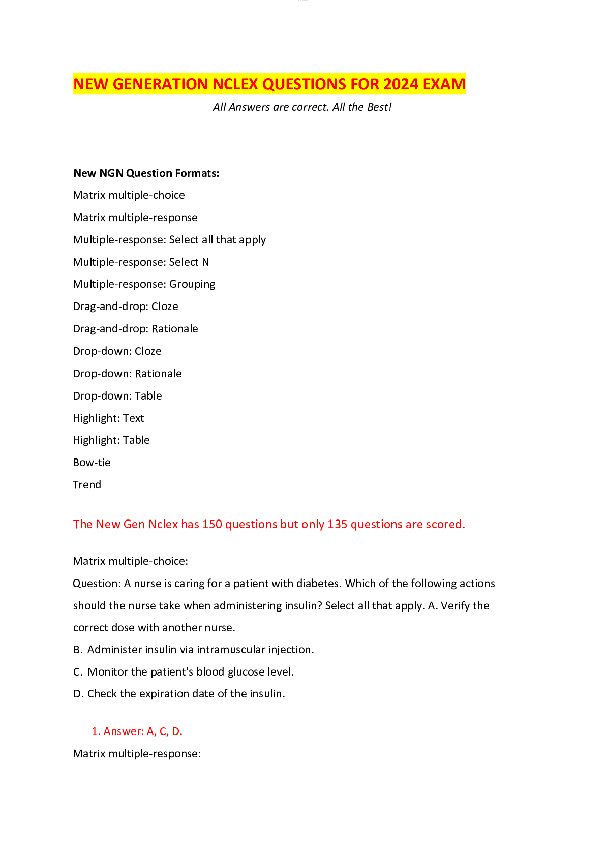 Preview of NEW GENERATION NCLEX QUESTIONS FOR 2024 EXAM