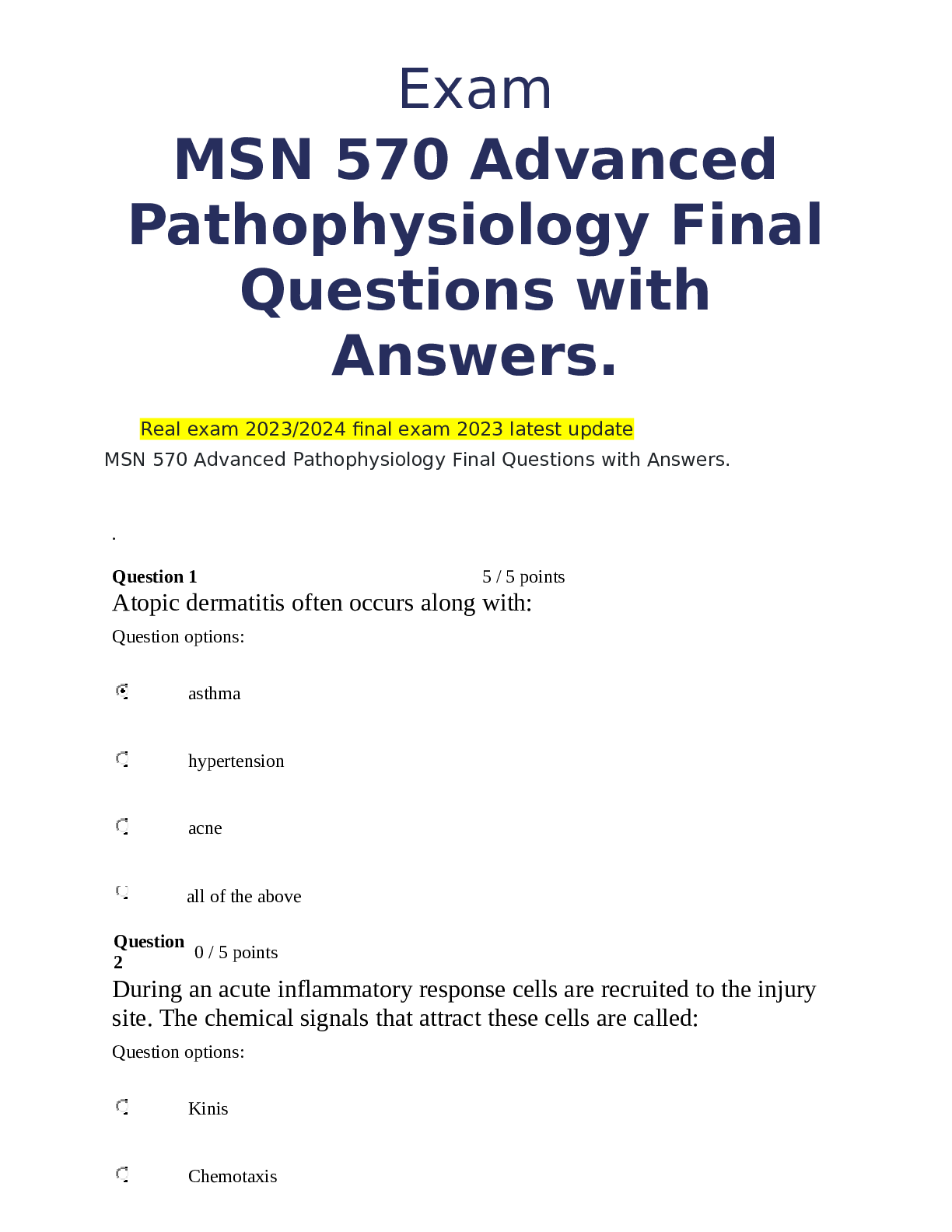 Recommended document preview for MSN 570 Advanced Pathophysiology Final Questions with Answers 2024