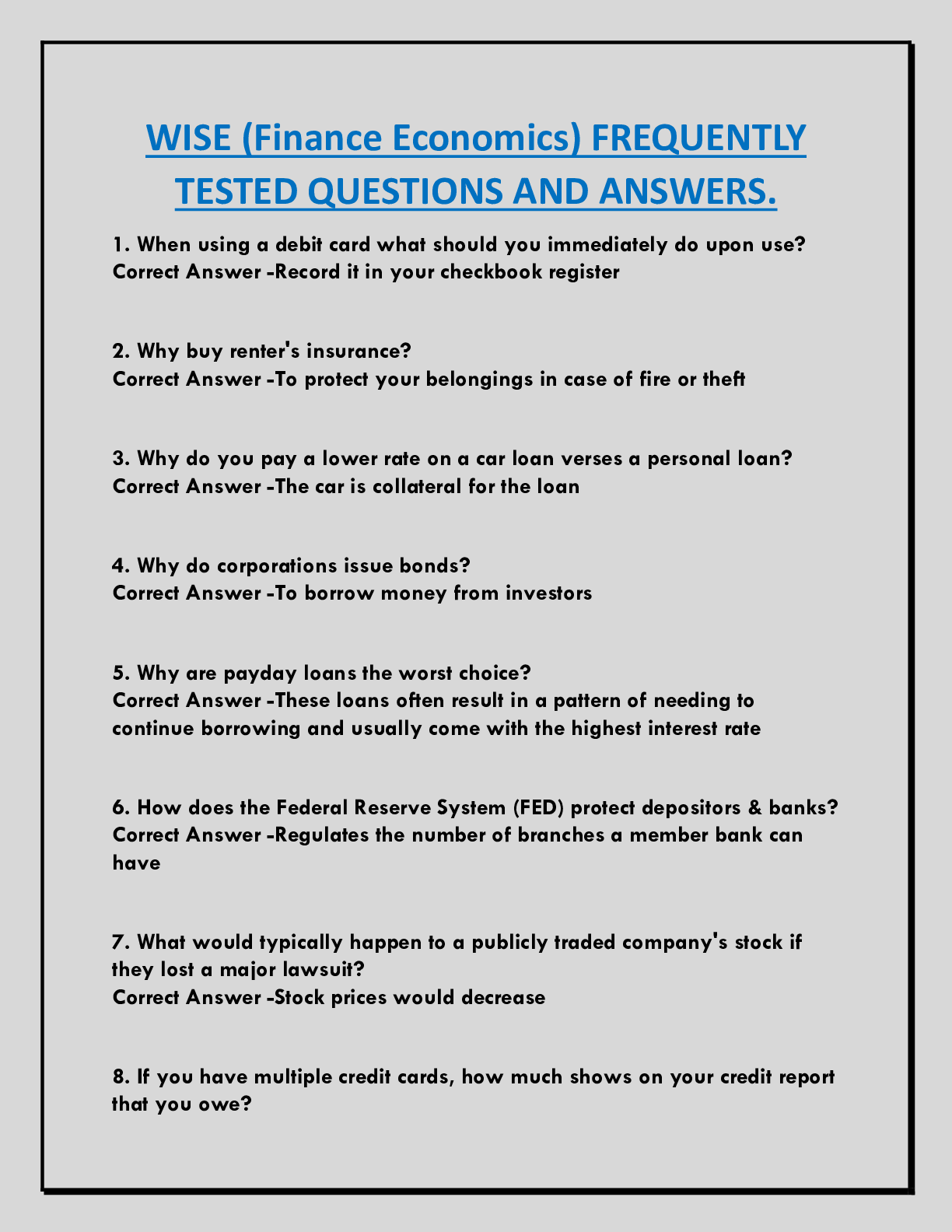 WISE (Finance Economics) FREQUENTLY  TESTED QUESTIONS AND ANSWERS.