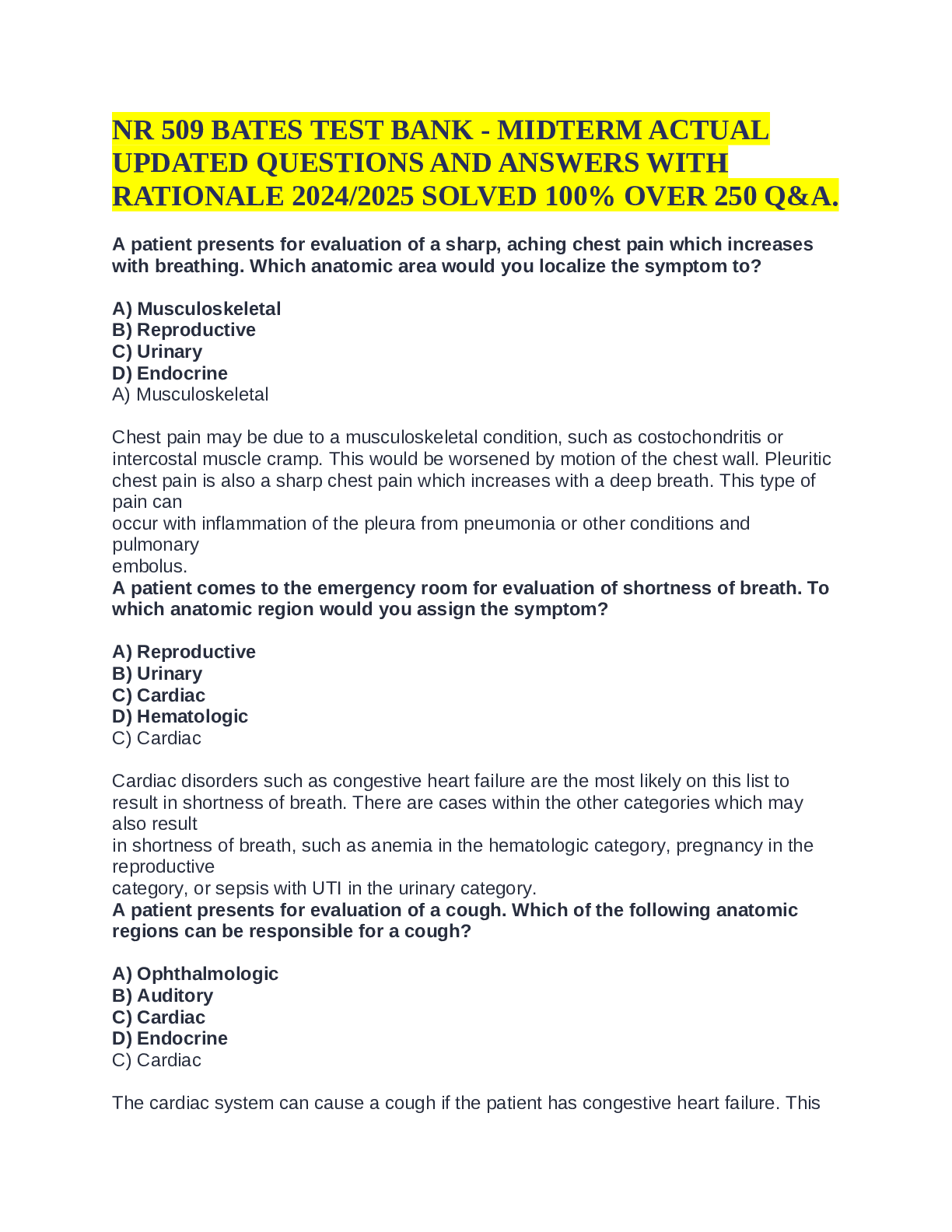 Recommended document preview for NR 509 BATES TEST BANK - MIDTERM ACTUAL UPDATED QUESTIONS AND ANSWERS WITH RATIONALE 20242025 SOLVED 100% OVER 250 Q&A.