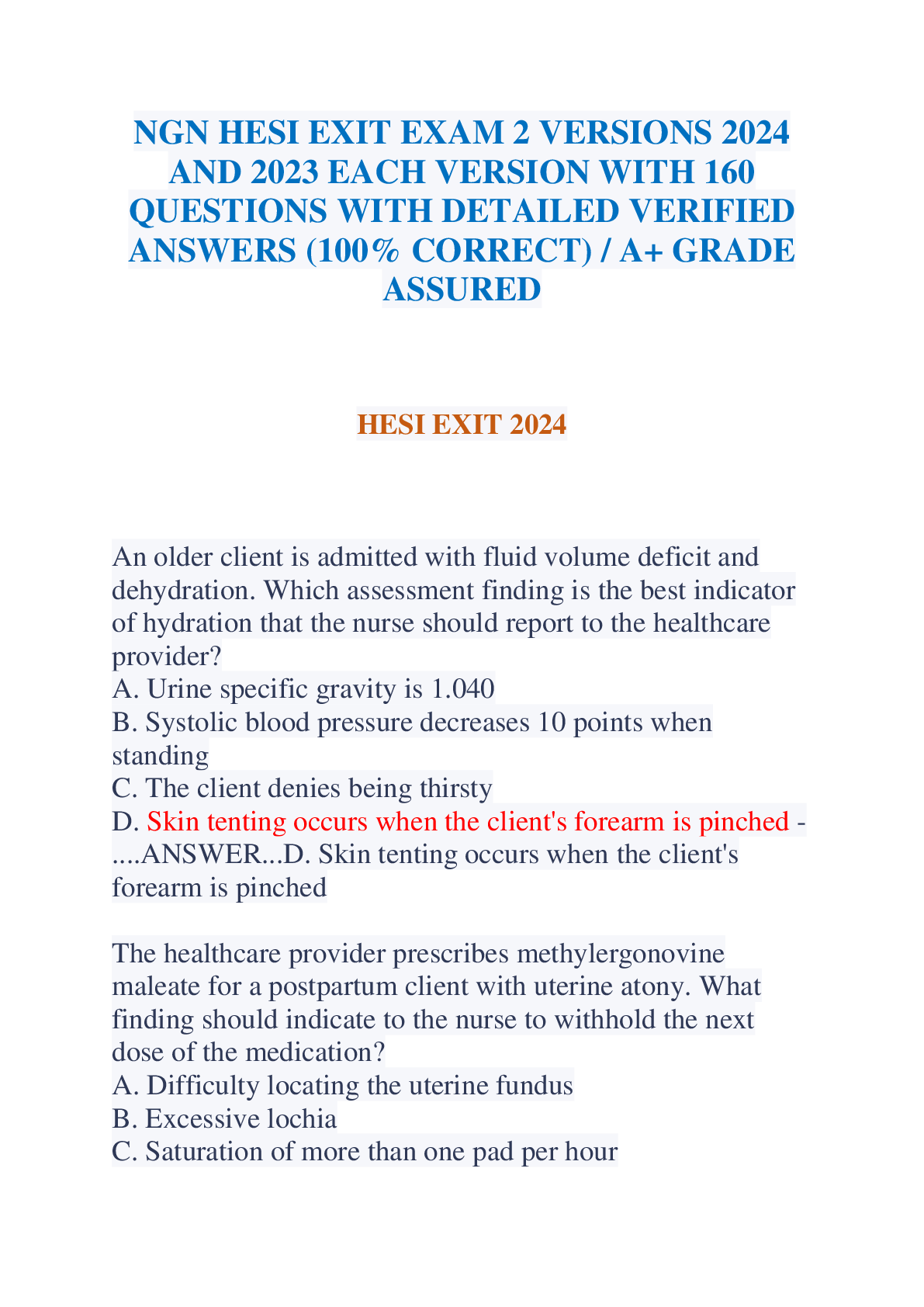 Recommended document preview for NGN HESI EXIT EXAM 2 VERSIONS 2024 AND 2023 EACH VERSION WITH 160 QUESTIONS WITH DETAILED VERIFIED ANSWERS (100% CORRECT)  A+ GRADE ASSURED
