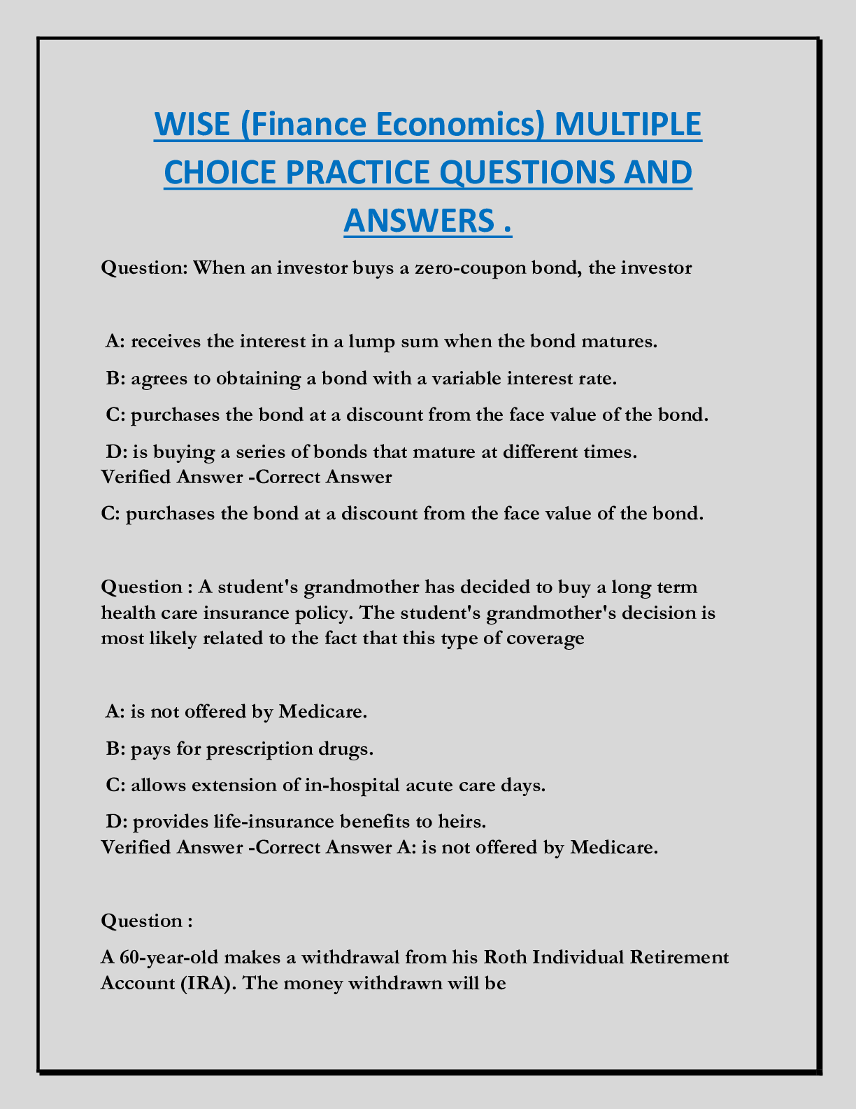 WISE (Finance Economics) MULTIPLE  CHOICE PRACTICE QUESTIONS AND  ANSWERS