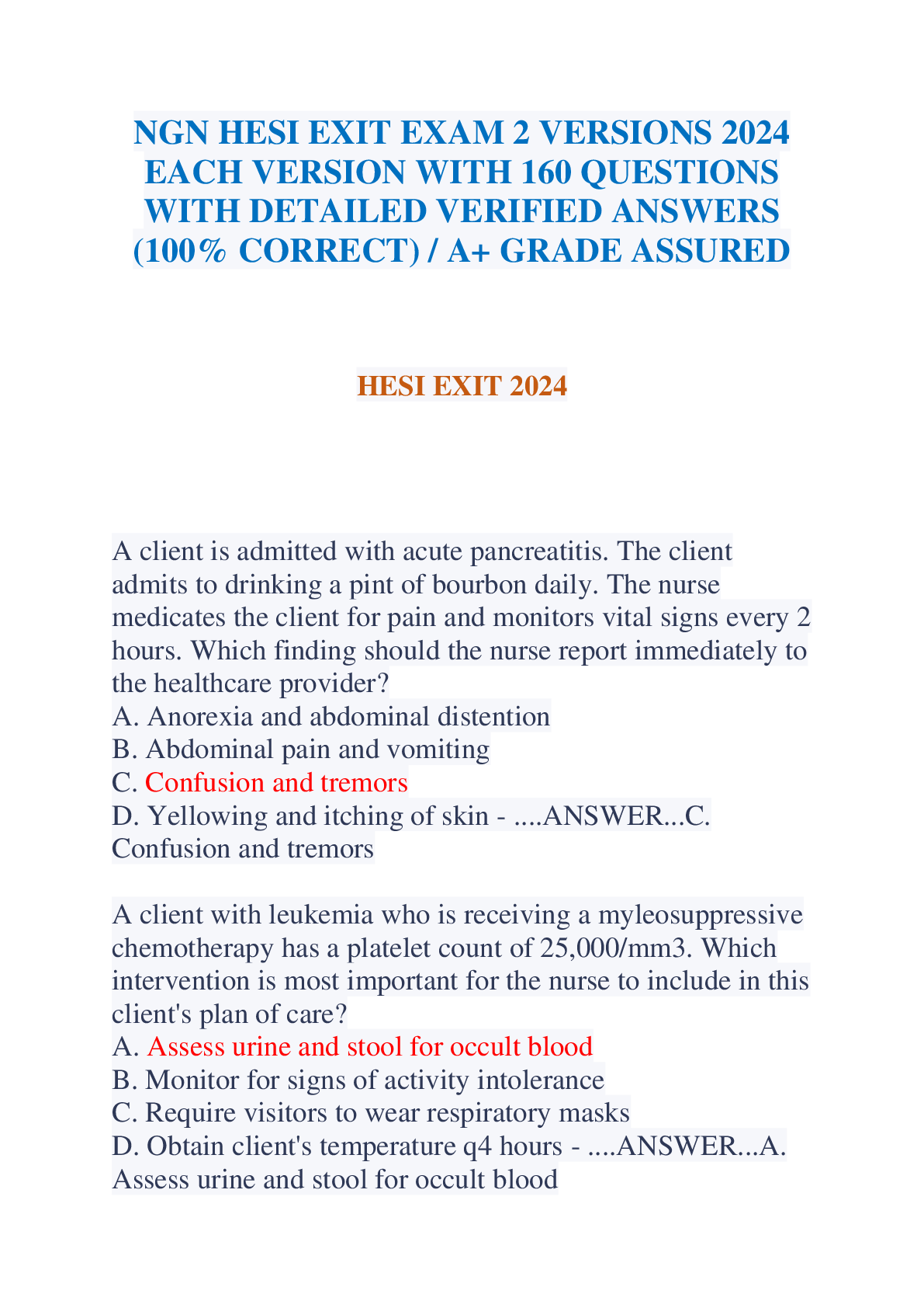 Recommended document preview for NGN HESI EXIT EXAM 2 VERSIONS 2024 EACH VERSION WITH 160 QUESTIONS WITH DETAILED VERIFIED ANSWERS (100% CORRECT)  A+ GRADE ASSURED