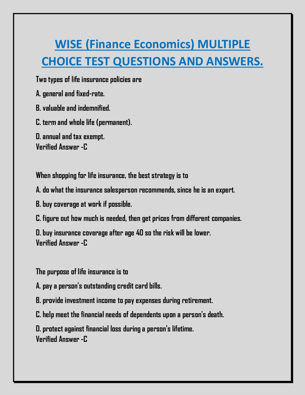 WISE (Finance Economics) MULTIPLE  CHOICE TEST QUESTIONS AND ANSWERS.