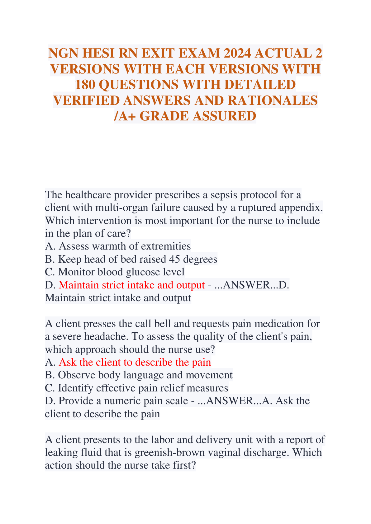 Preview of NGN HESI RN EXIT EXAM 2024 ACTUAL 2 VERSIONS WITH EACH VERSIONS WITH 180 QUESTIONS WITH DETAILED VERIFIED ANSWERS AND RATIONALES A+ GRADE ASSURED