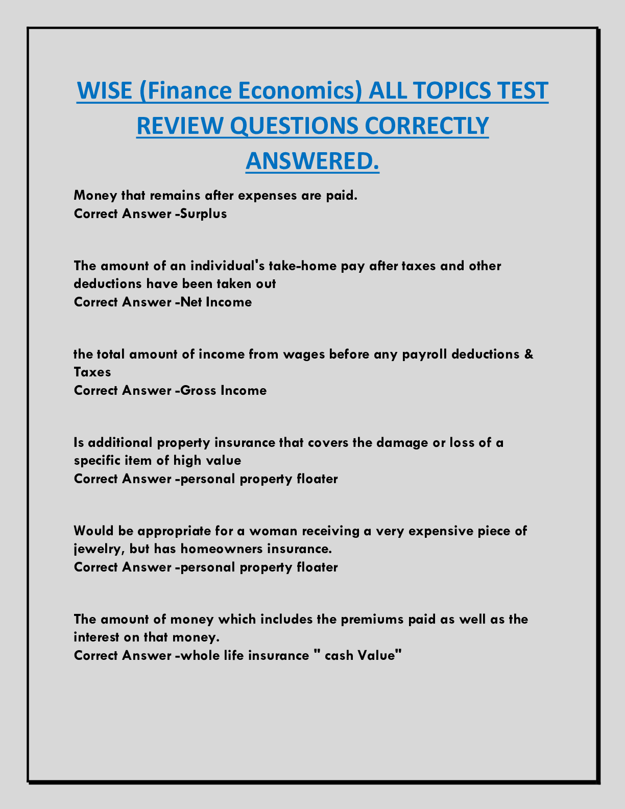 WISE (Finance Economics) ALL TOPICS TEST  REVIEW QUESTIONS CORRECTLY  ANSWERED.