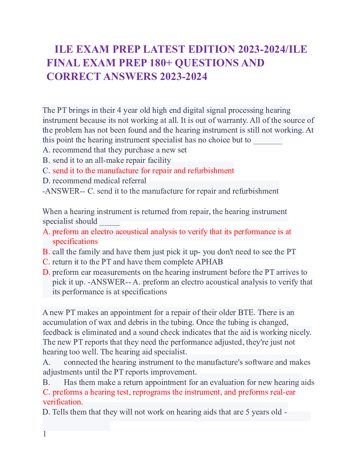 Preview of ILE EXAM PREP LATEST EDITION 2023-2024ILE FINAL EXAM PREP 180+ QUESTIONS AND CORRECT ANSWE
