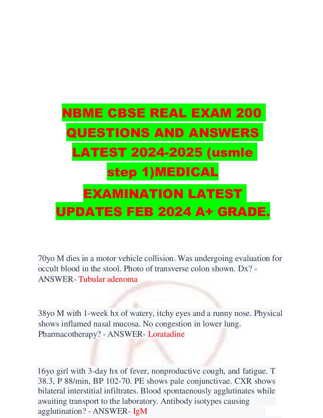 Preview of NBME CBSE REAL EXAM 200 QUESTIONS AND ANSWERS LATEST 2024-2025 (usmle step 1)MEDICAL EXAMI