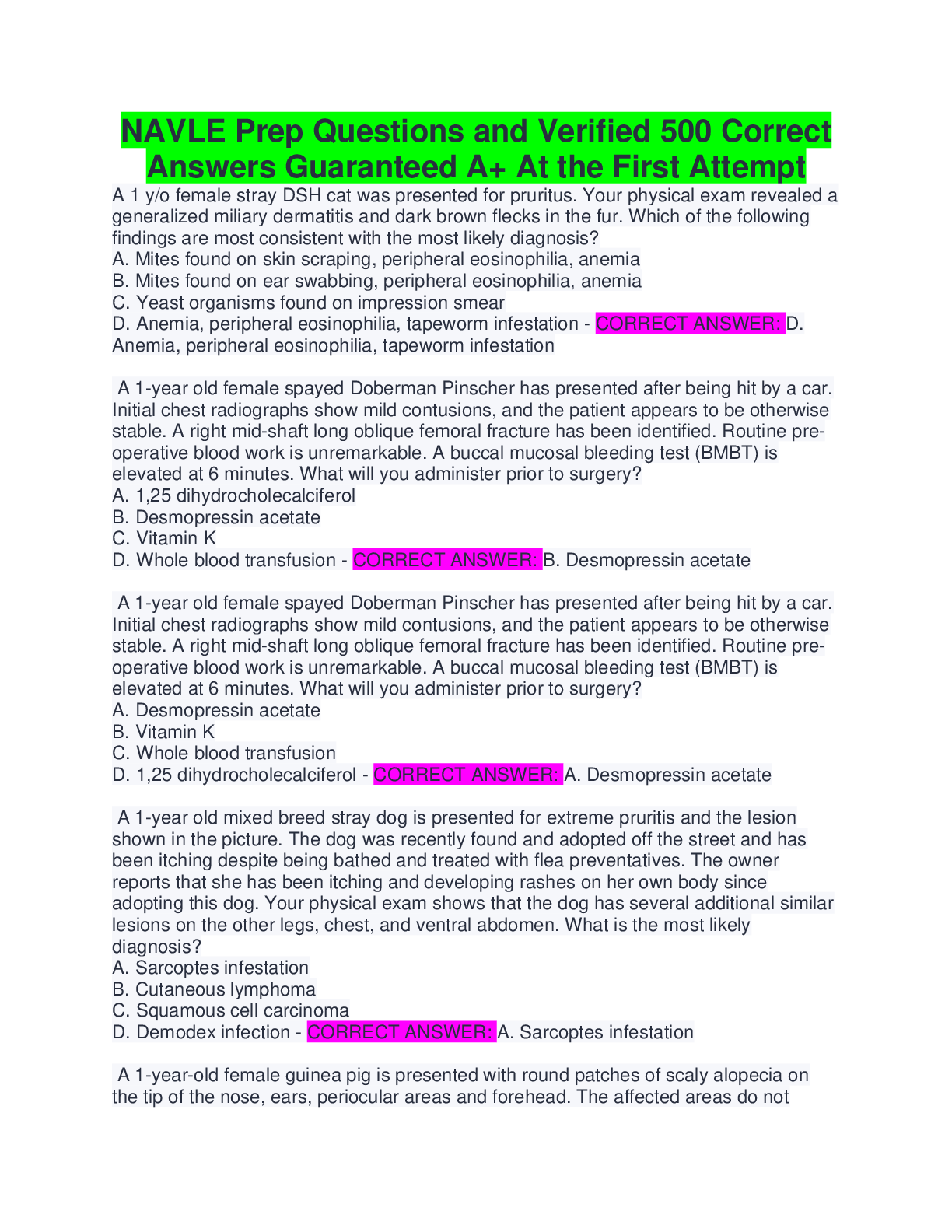 Recommended document preview for NAVLE Prep Questions and Verified 500 Correct Answers Guaranteed A+ At the First Attempt