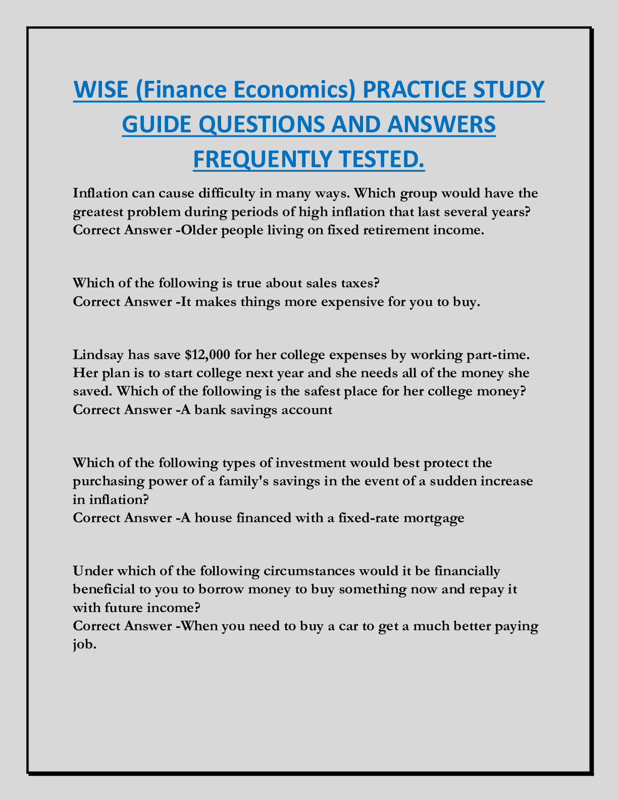 WISE (Finance Economics) PRACTICE STUDY  GUIDE QUESTIONS AND ANSWERS  FREQUENTLY TESTED.