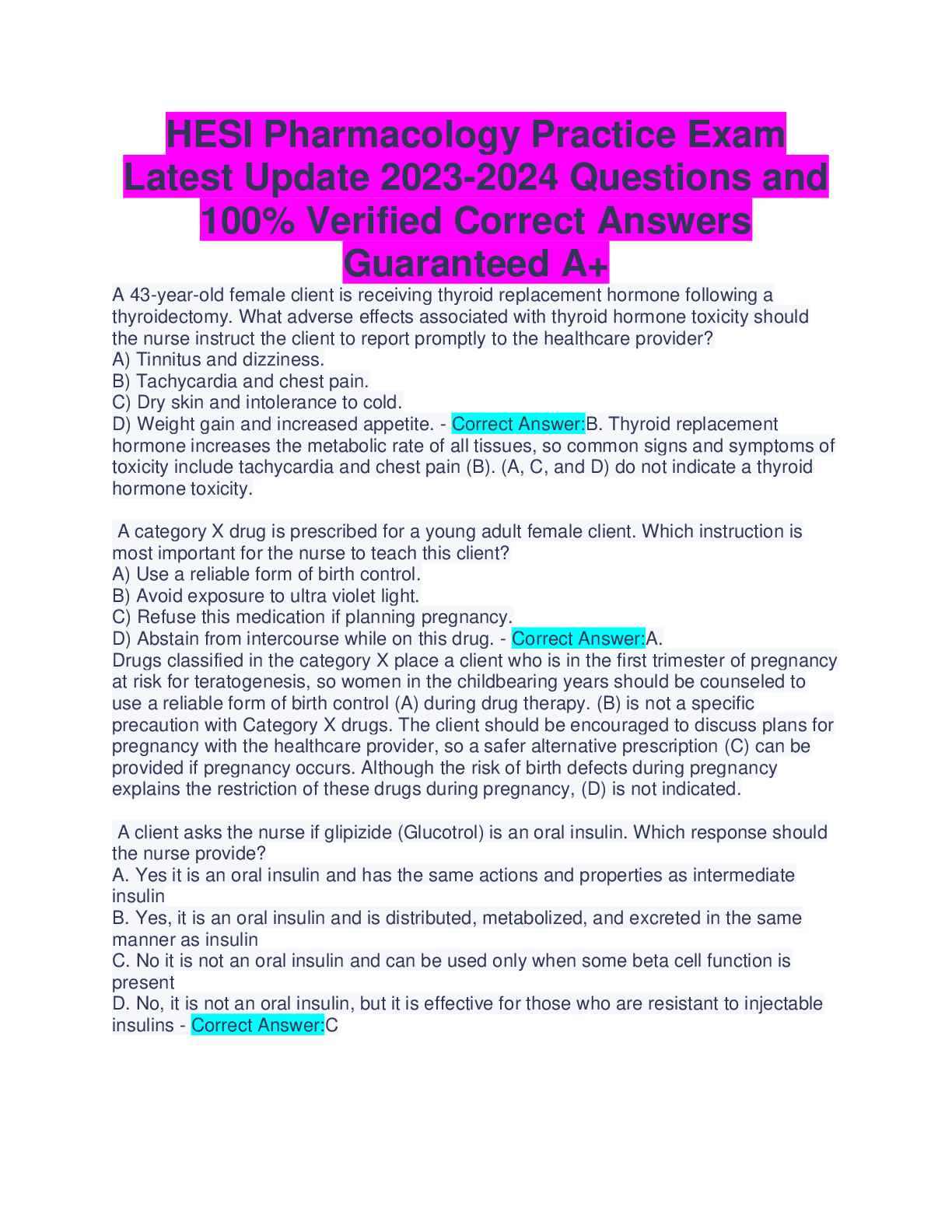 Preview of HESI Pharmacology Practice Exam Latest Update 2023-2024 Questions and 100% Verified Correc