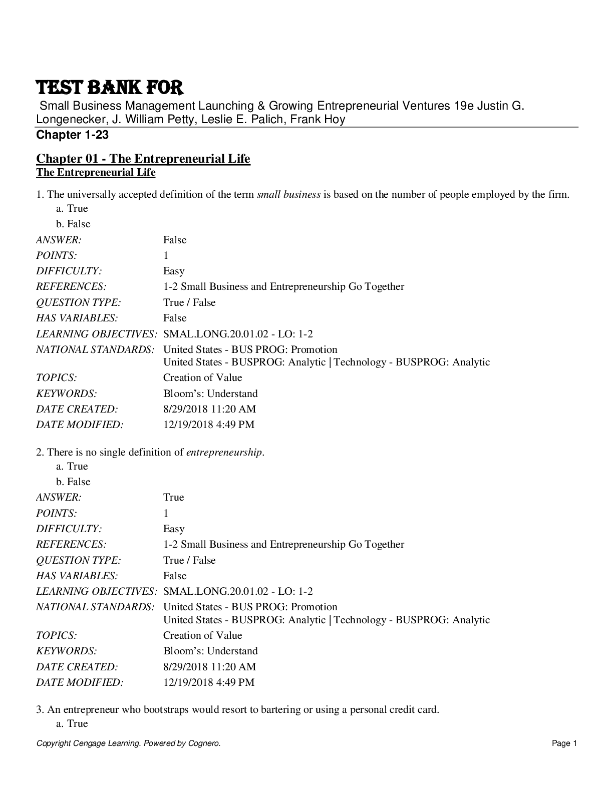 Preview of Test Bank For Small Business Management Launching & Growing Entrepreneurial Ventures 19th Edition by Justin G. Longenecker, J. William Petty, Leslie E. Palich, Frank Hoy Chapter 1-23
