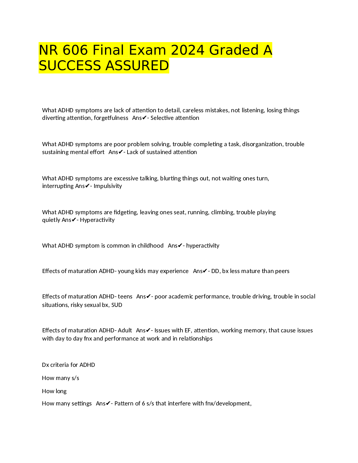 Recommended document preview for NR 606 Final Exam 2024 Graded A SUCCESS ASSURED