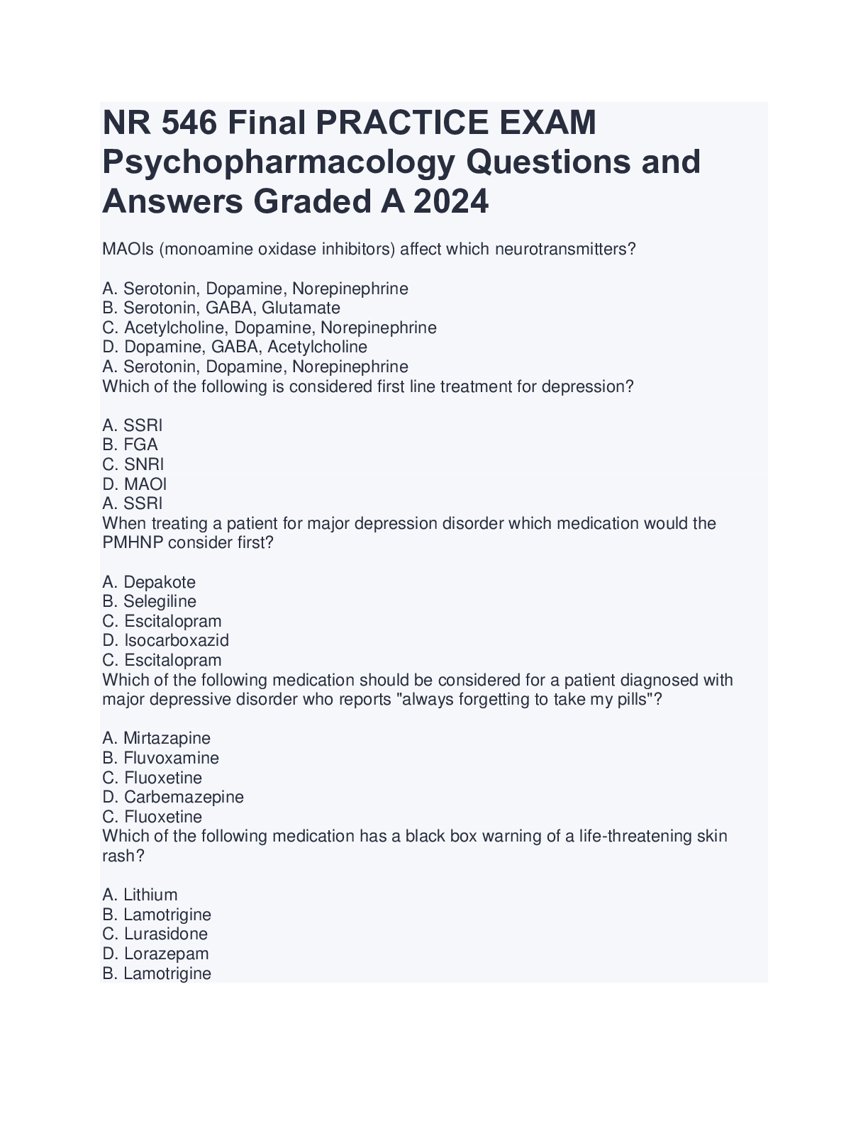 Preview of NR 546 Final PRACTICE EXAM Psychopharmacology Questions and Answers Graded A 2024