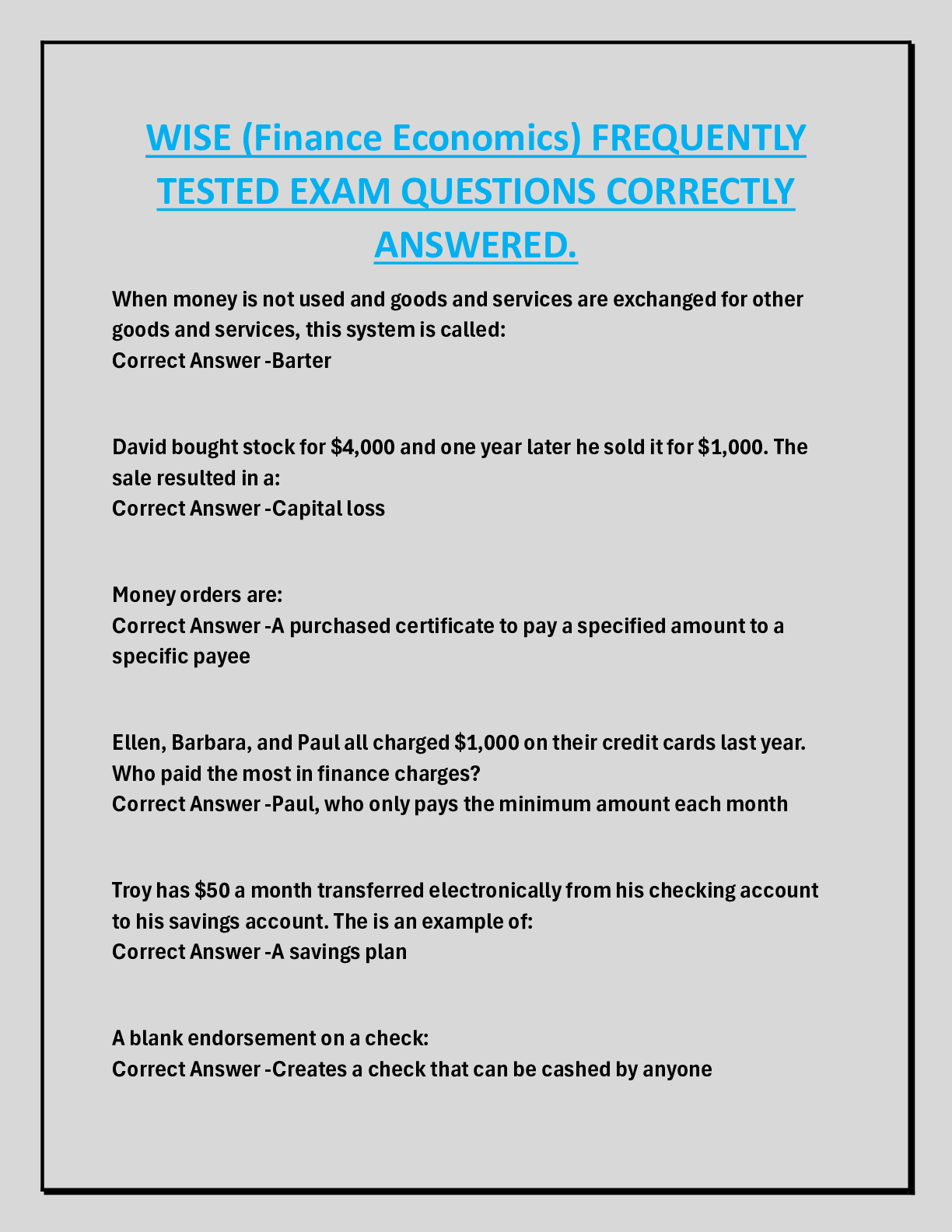 WISE (Finance Economics) FREQUENTLY  TESTED EXAM QUESTIONS CORRECTLY  ANSWERED.