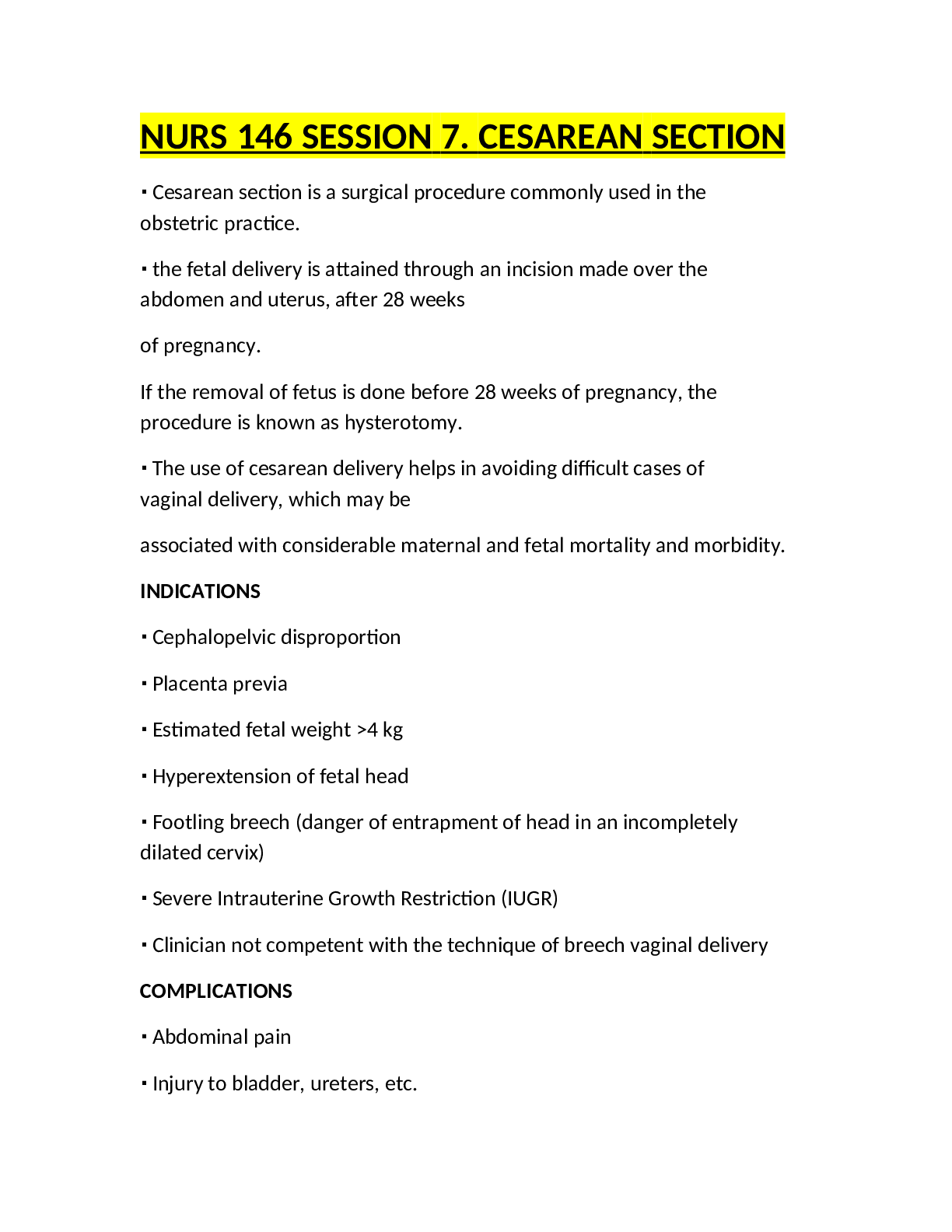 Recommended document preview for NURS 146 SESSION 7. CESAREAN SECTION