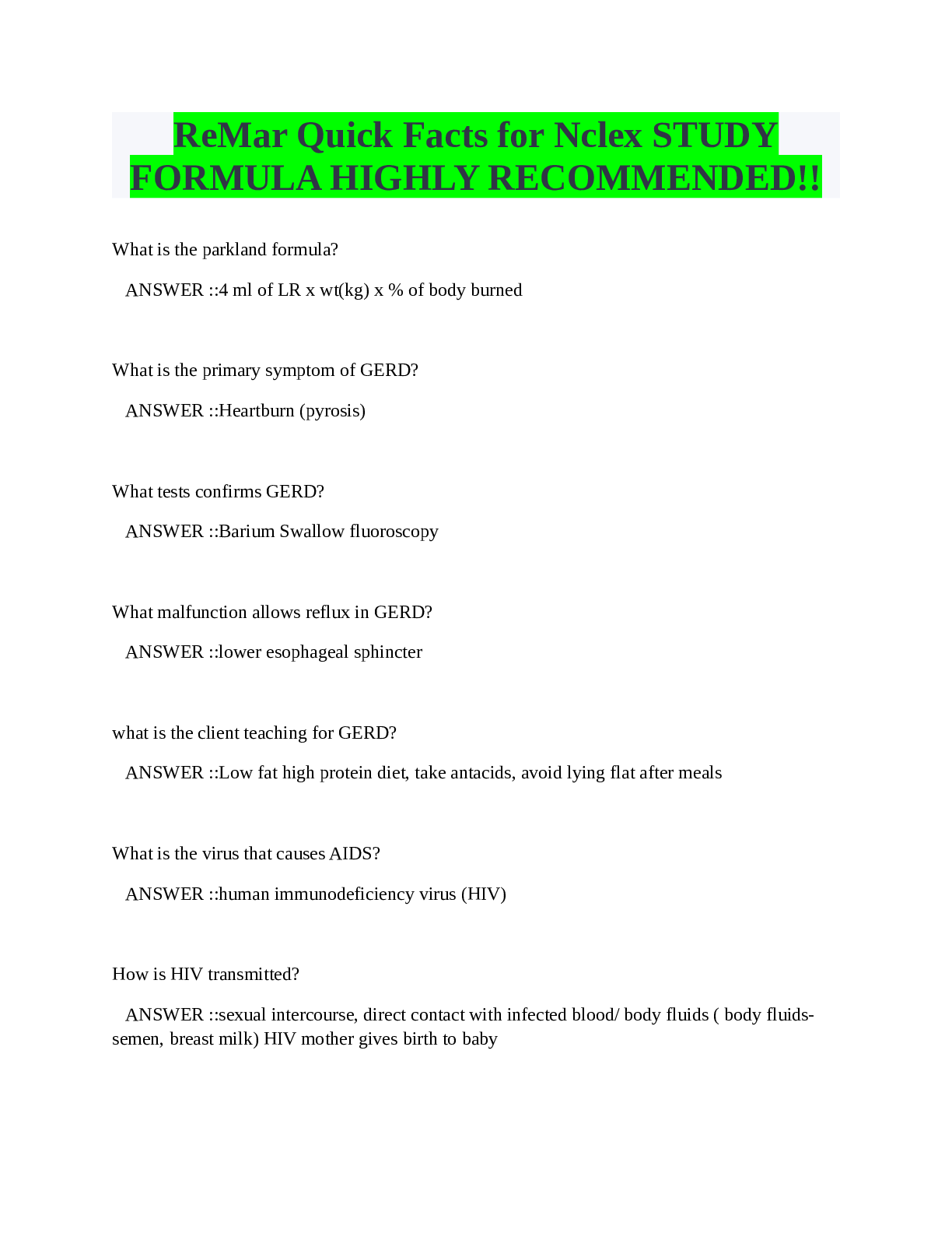 Preview of ReMar Quick Facts for Nclex STUDY FORMULA HIGHLY RECOMMENDED!!