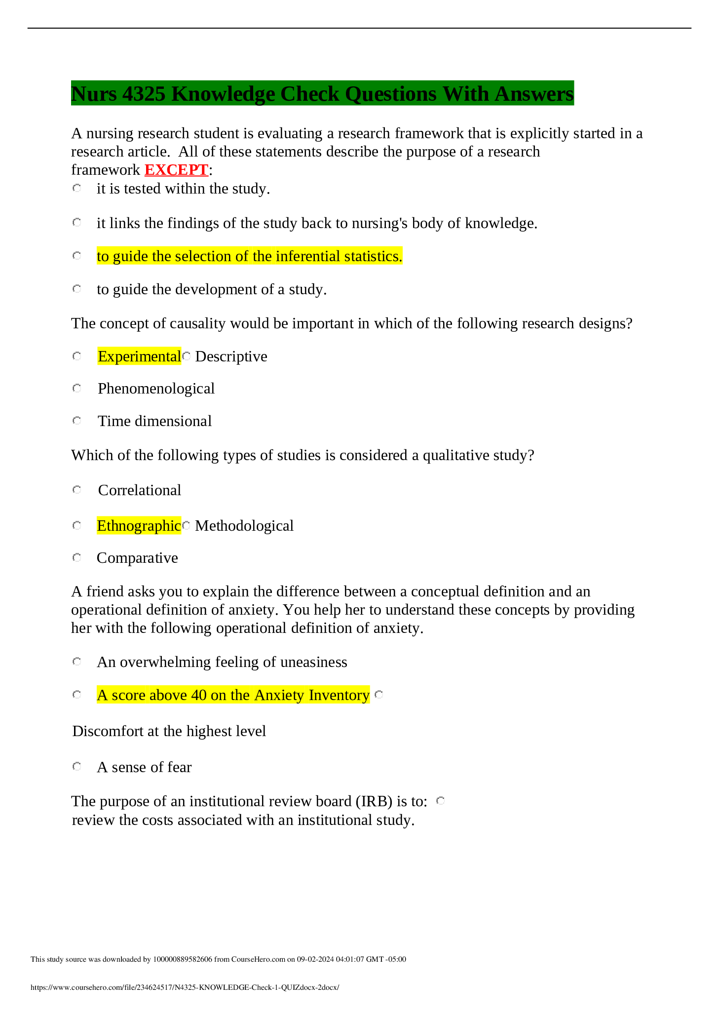 Preview of Nurs 4325 Knowledge Check Questions With Answers