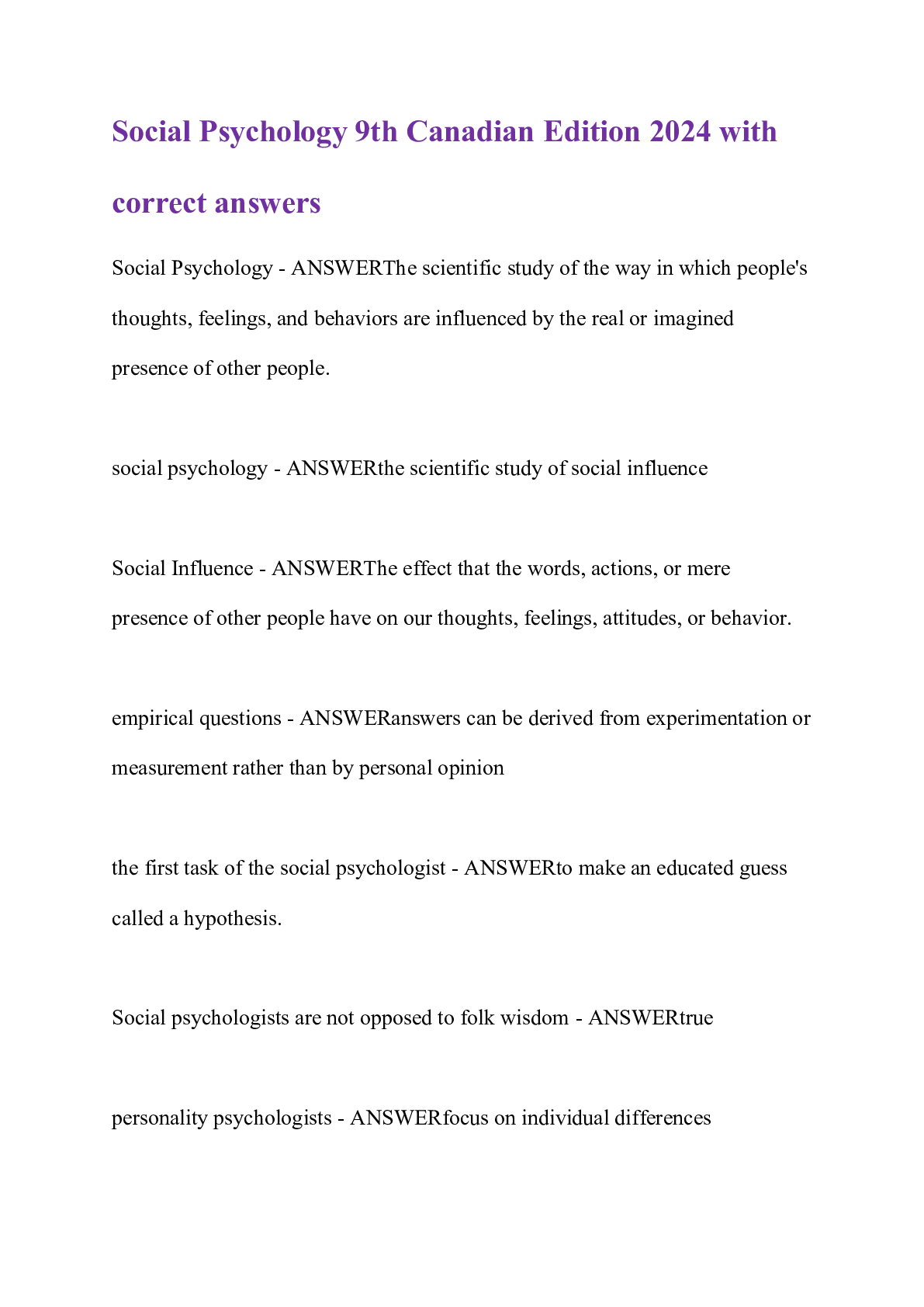 Recommended document preview for Social Psychology 9th Canadian Edition 2024 with correct answers