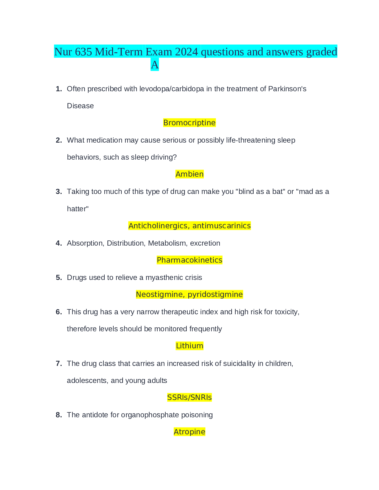 Preview of Nur 635 Mid-Term Exam 2024 questions and answers graded A