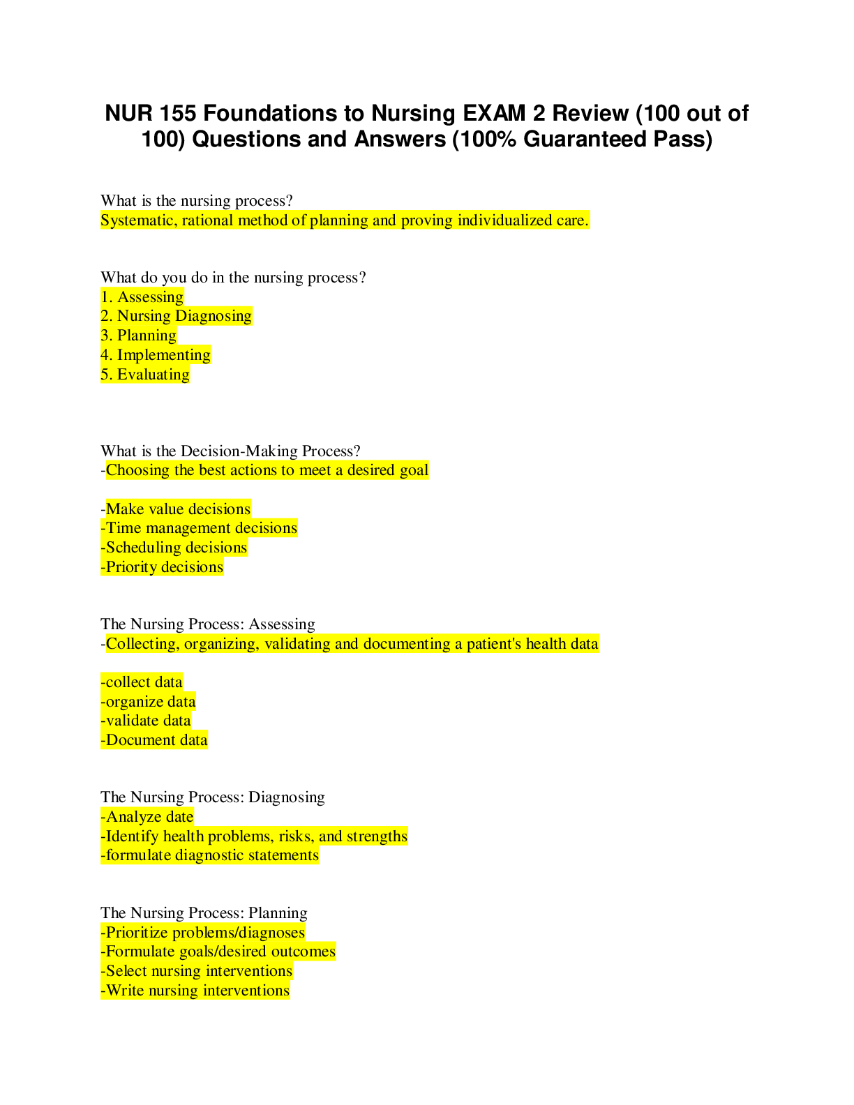 Preview of NUR 155 Foundations to Nursing EXAM 2 Review (100 out of 100) Questions and Answers (100% Guaranteed Pass)