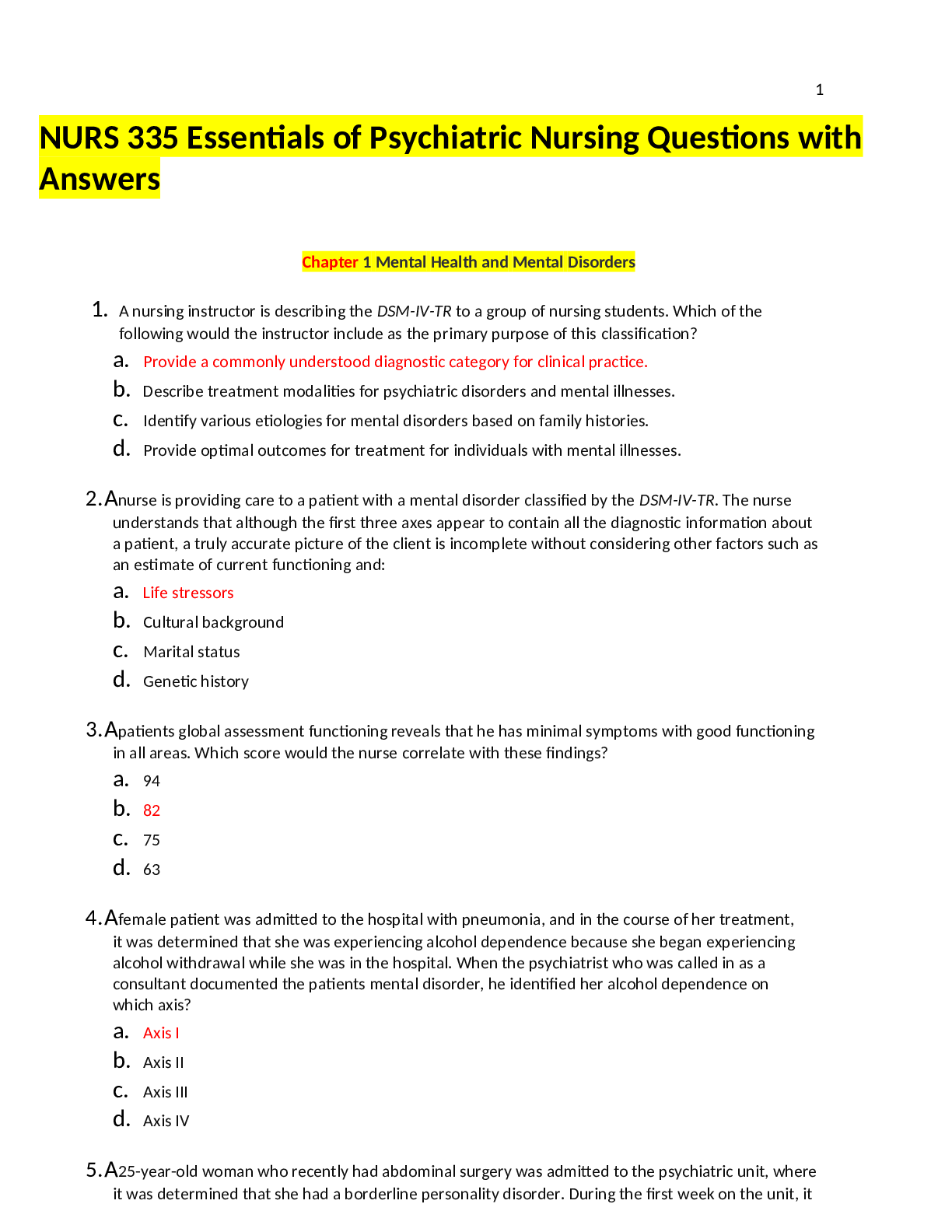Preview of NURS 335 Essentials of Psychiatric Nursing Questions with Answers