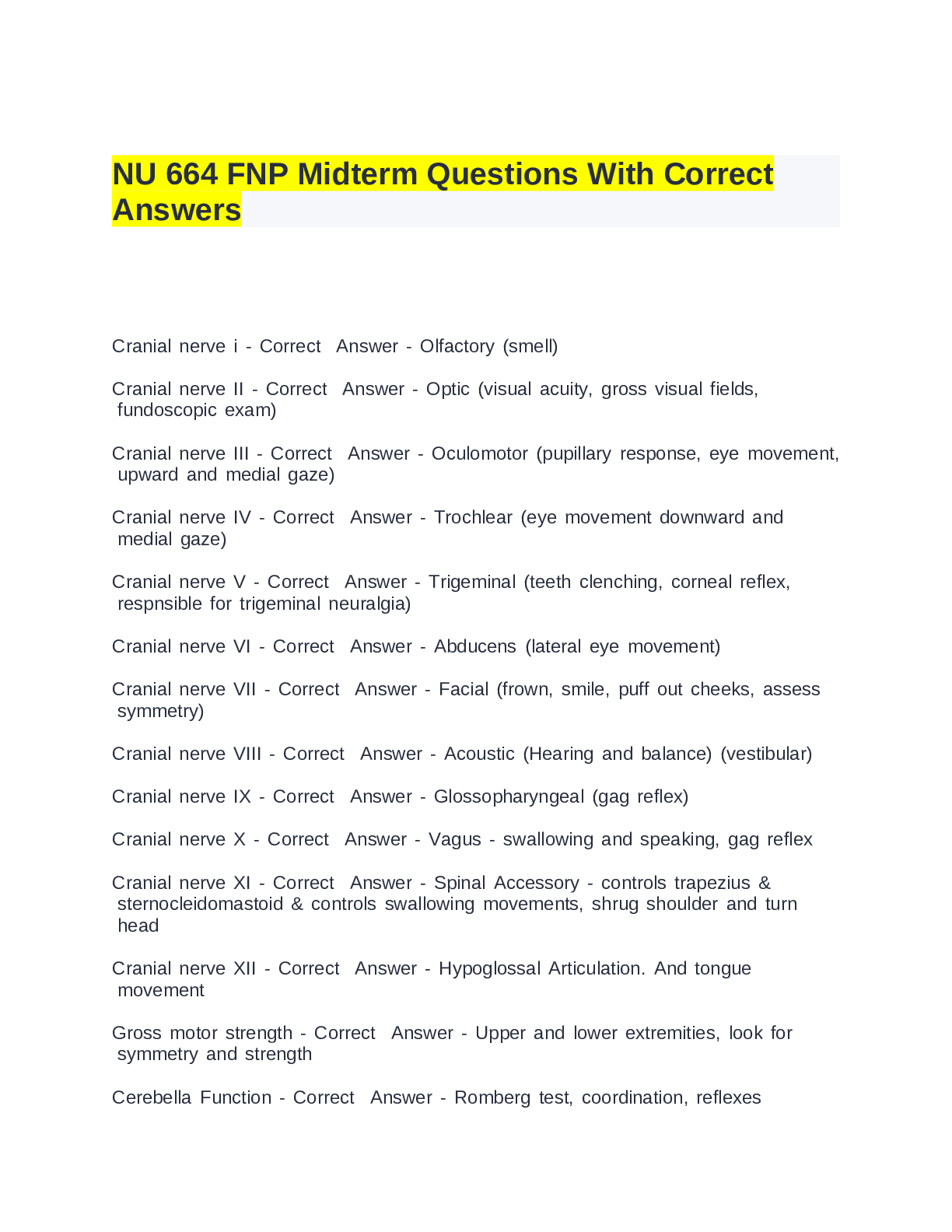 Preview of NU 664 FNP Midterm Questions With Correct Answers