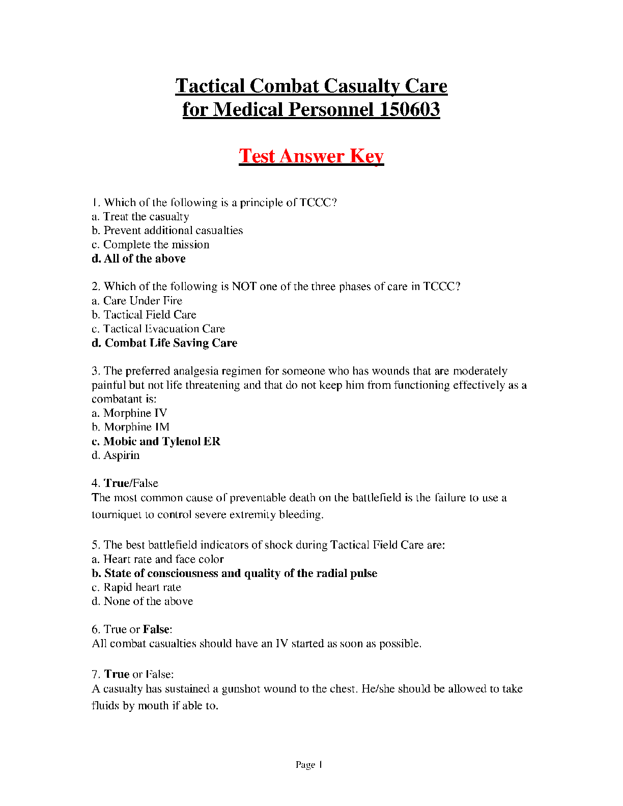 Preview of Tactical Combat Casualty Care for Medical Personnel 150603 Test Answer Key