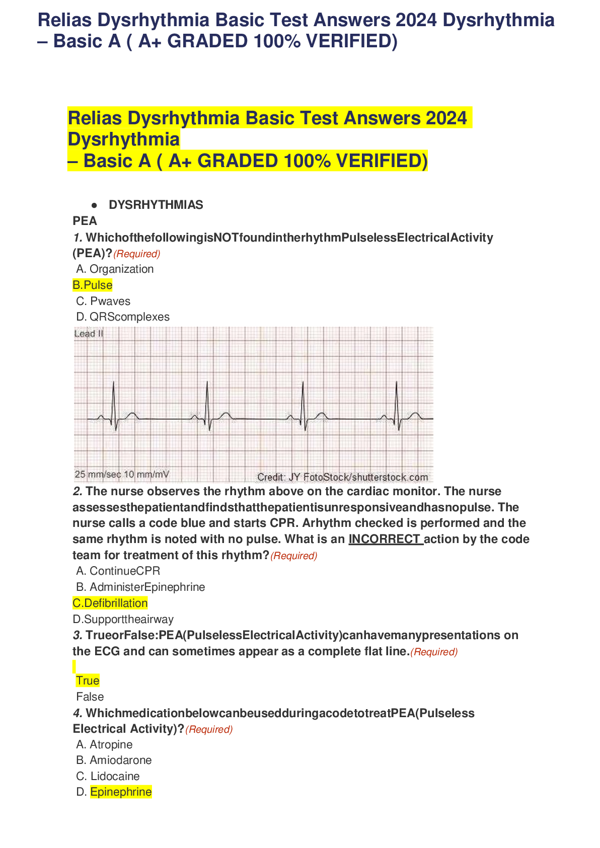 Preview of Relias Dysrhythmia Basic Test Answers 2024 Dysrhythmia – Basic A ( A+ GRADED 100% VERIFIED