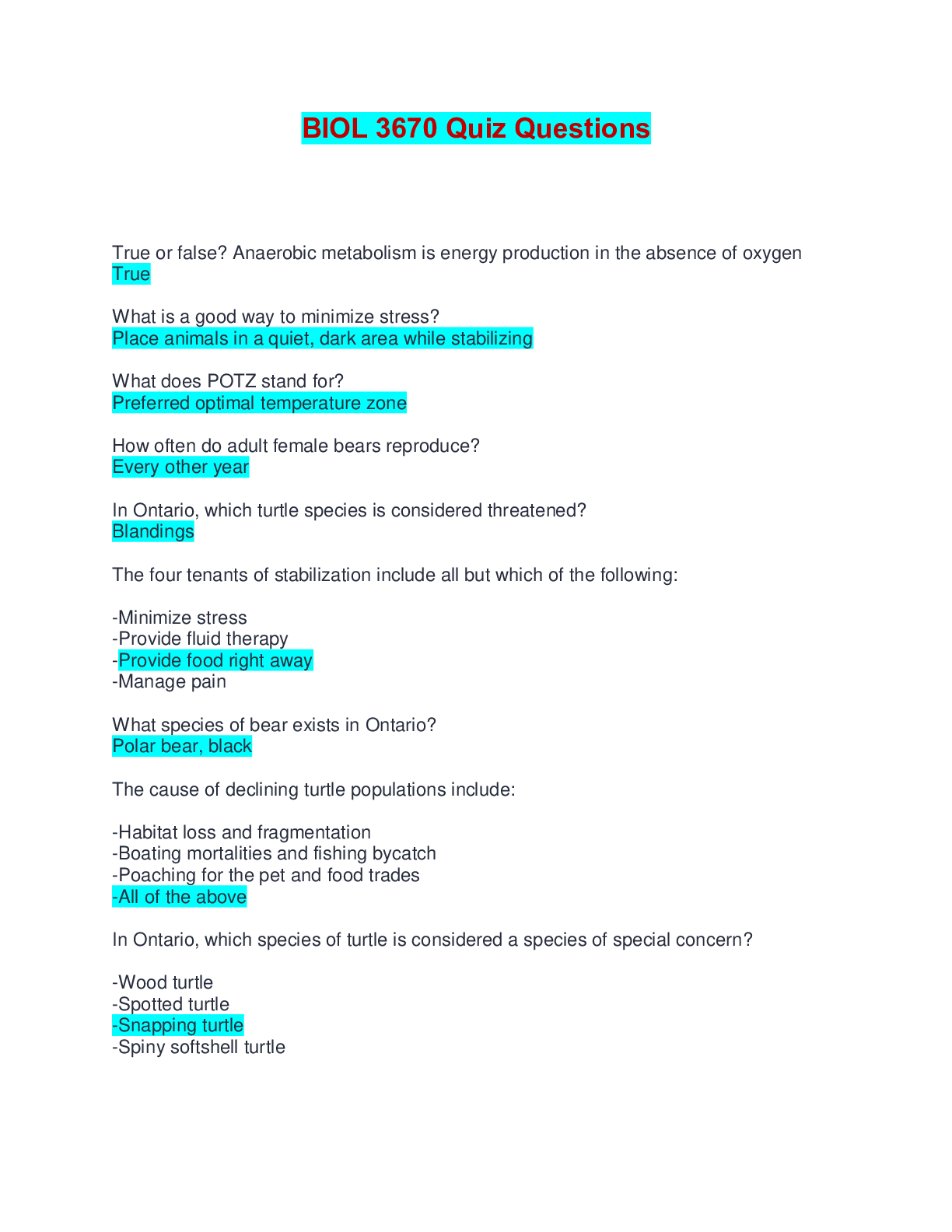 Preview image for BIOL 3670 Quiz Questions | Verified with 100% Correct Answers
