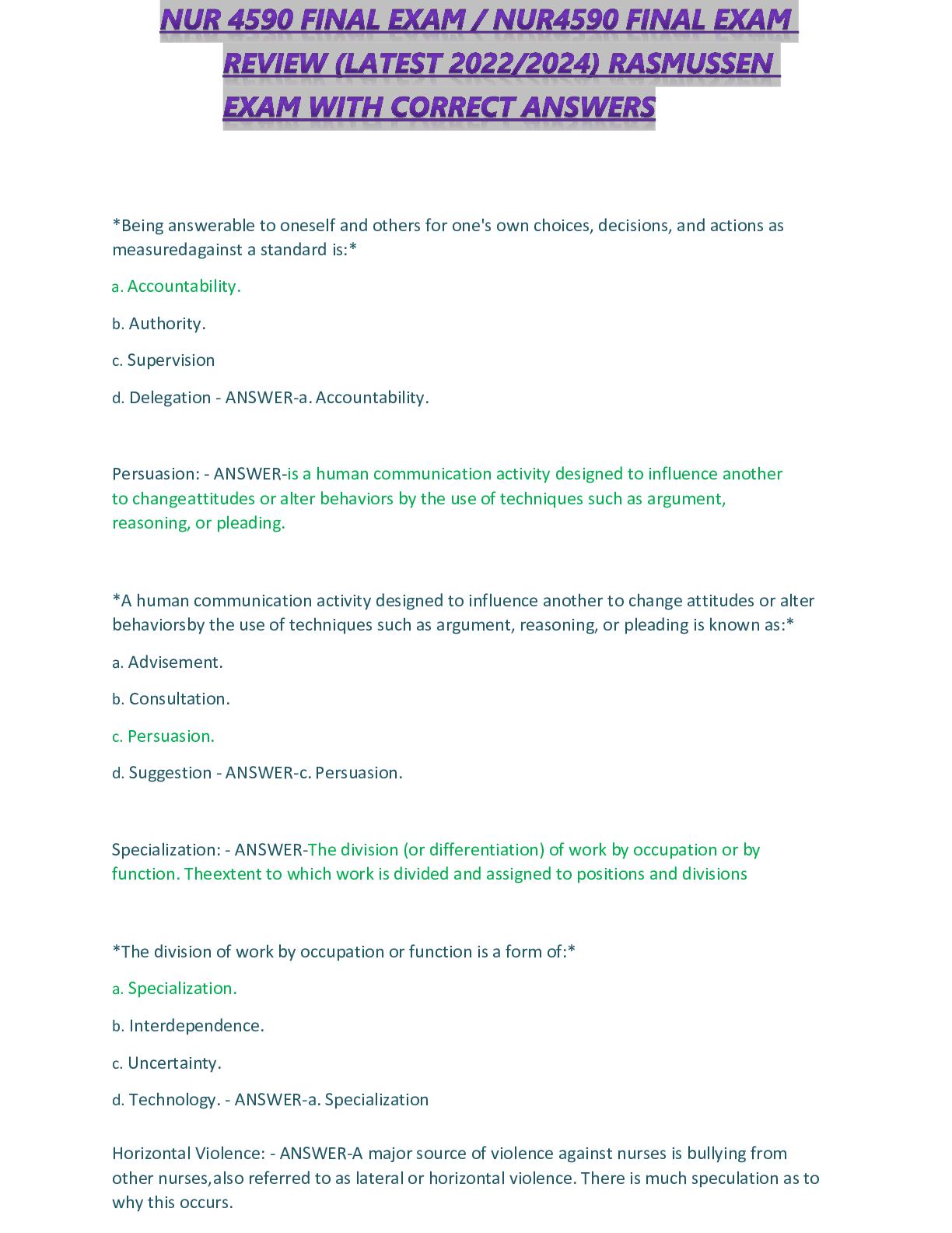 Preview of NUR 4590 Final Exam Review RASMUSSEN EXAM