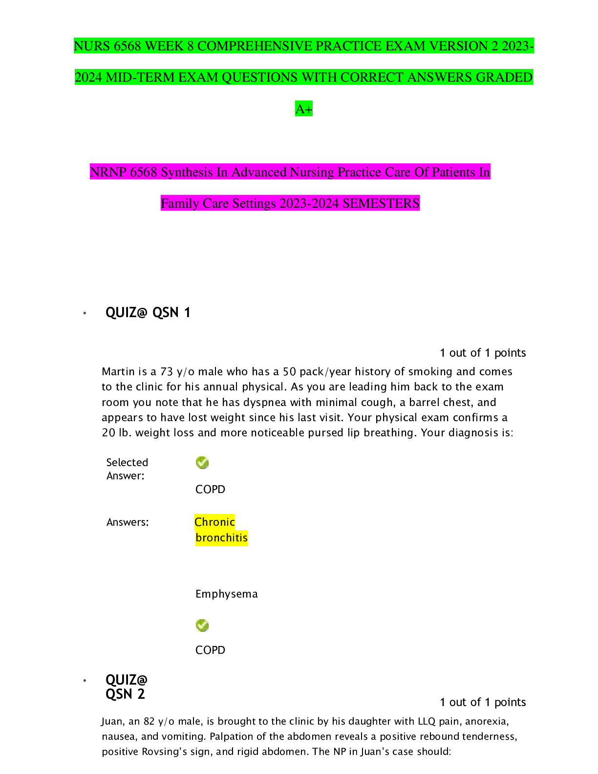 Preview of NURS 6568 WEEK 8 COMPREHENSIVE PRACTICE EXAM VERSION 2 2023- 2024 MID-TERM EXAM QUESTIONS
