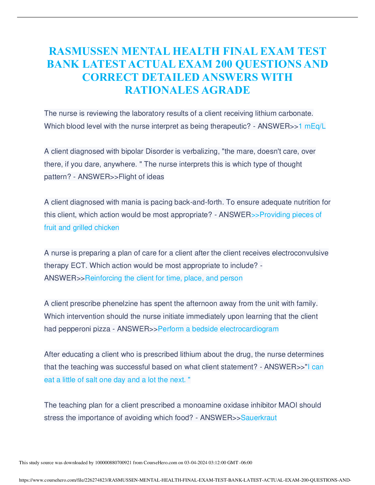 Preview of RASMUSSEN MENTAL HEALTH FINAL EXAM TEST BANK LATEST ACTUAL EXAM 200 QUESTIONS AND CORRECT