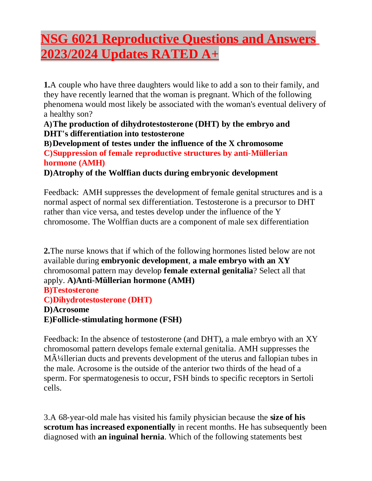 Preview of NSG 6021 Reproductive Questions and Answers 2023-2024 Updates RATED A+