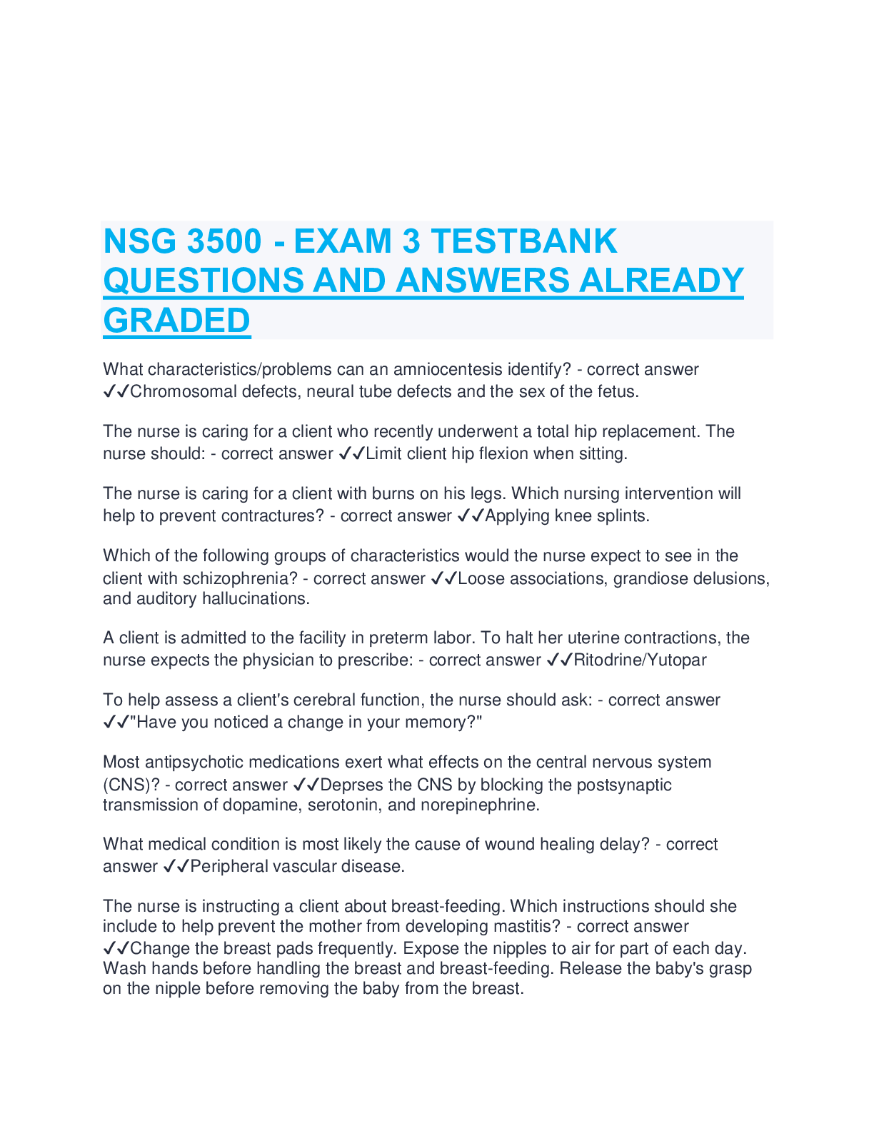 Preview of NSG 3500 - EXAM 3 TESTBANK QUESTIONS AND ANSWERS ALREADY GRADED