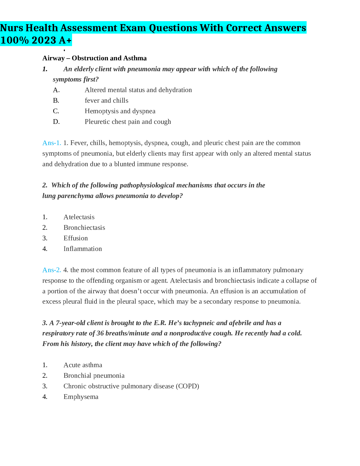 Preview of Nurs Health Assessment Exam Questions With Correct Answers 100% 2023 A+