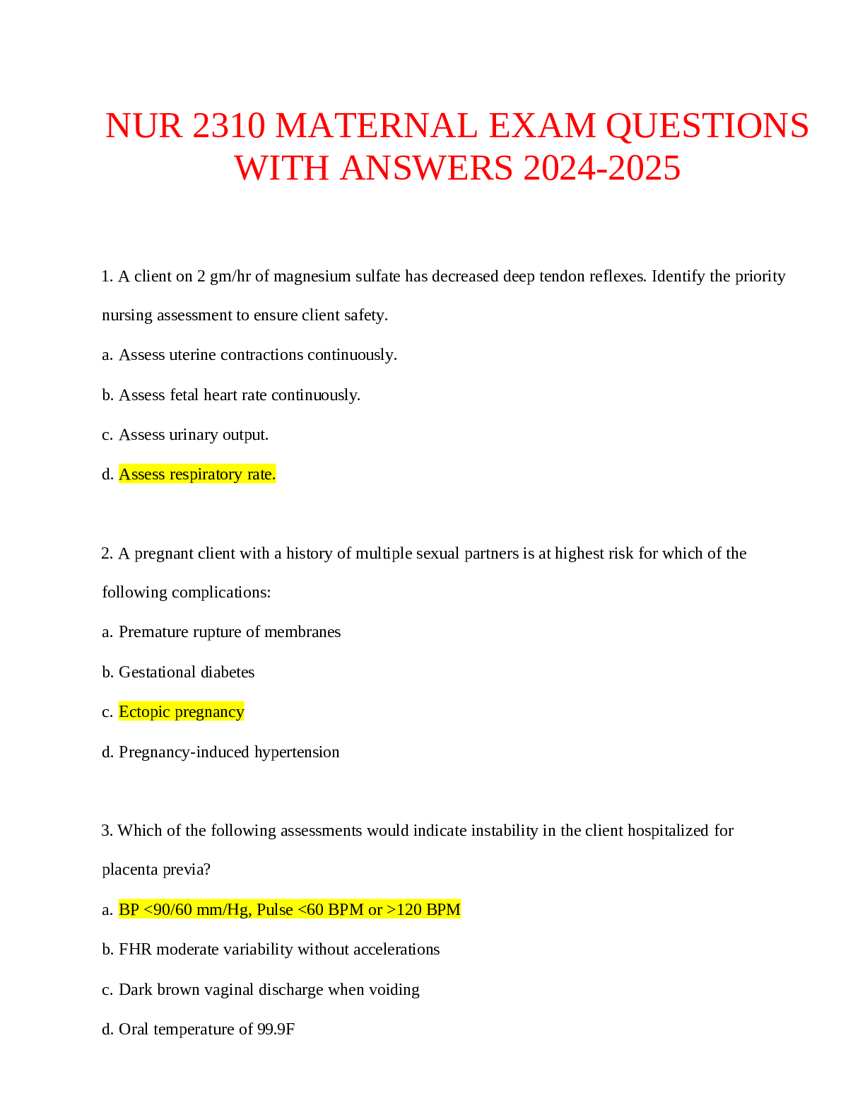 Preview of NUR 2310 MATERNAL EXAM QUESTIONS WITH ANSWERS 2024-2025