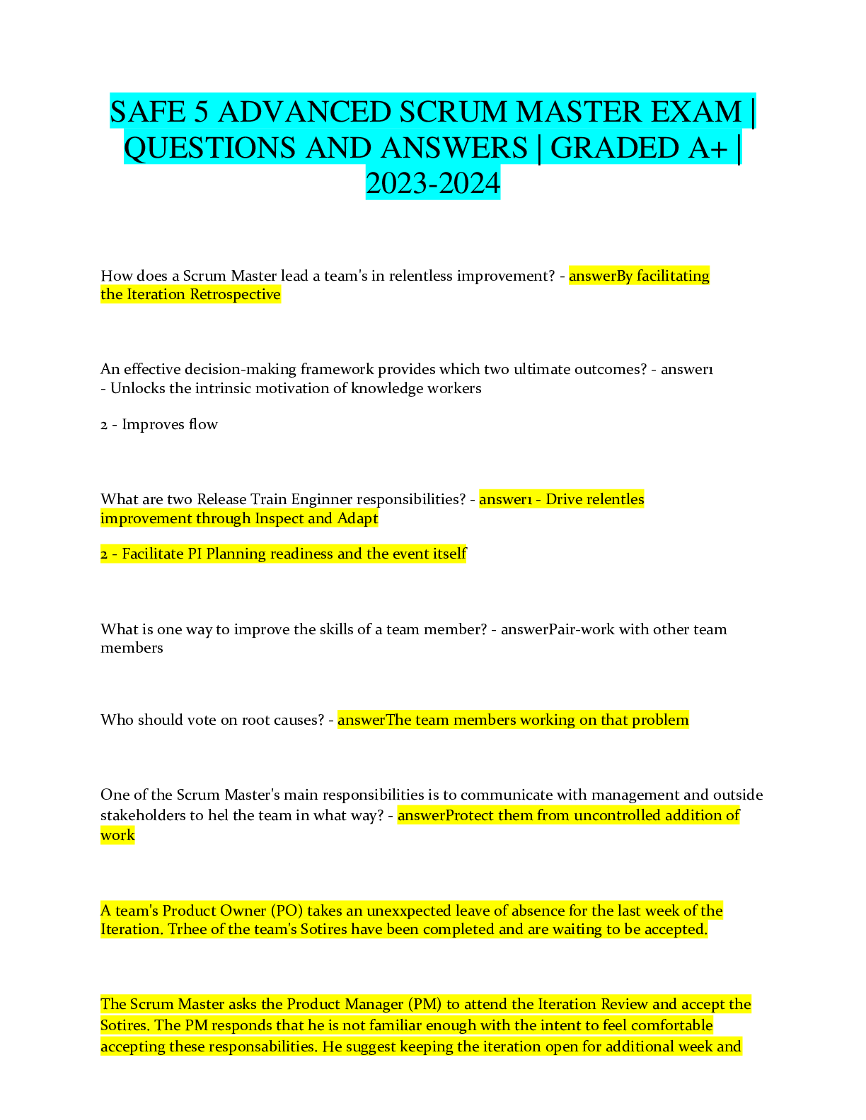 Preview of SAFE 5 ADVANCED SCRUM MASTER EXAM  QUESTIONS AND ANSWERS  GRADED A+  2023-2024