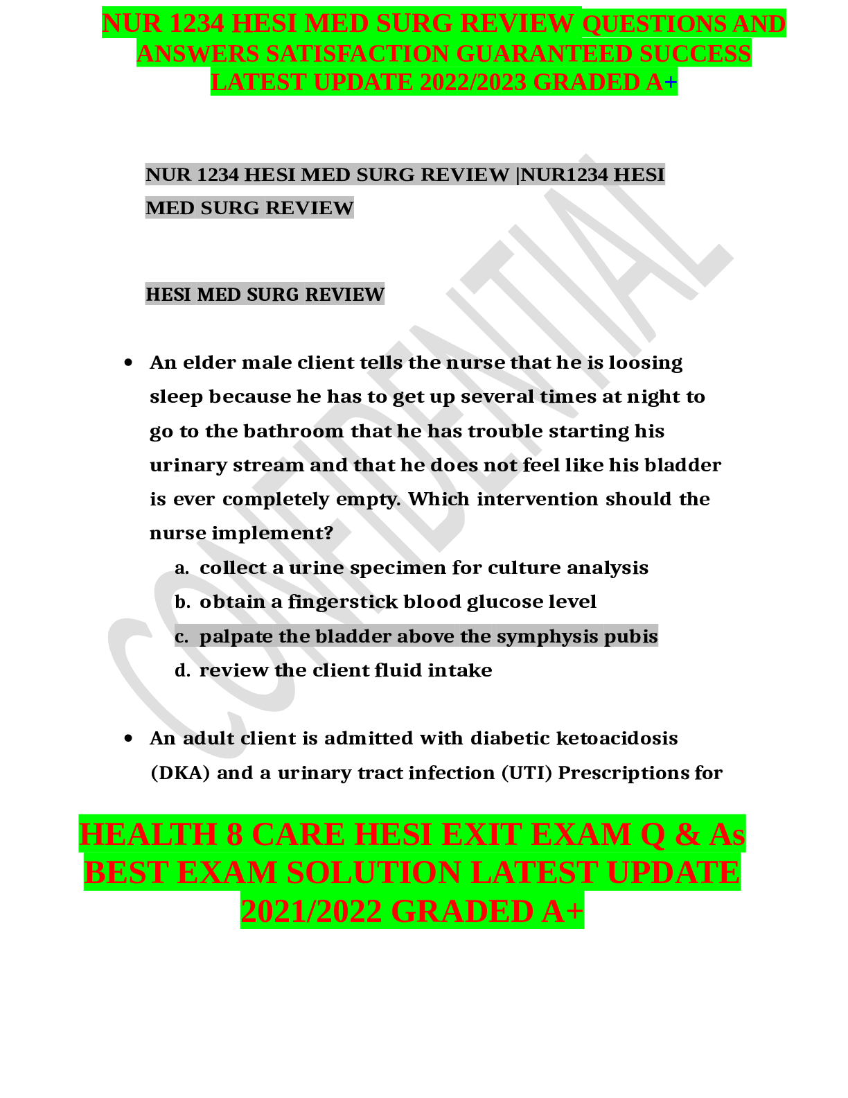 Recommended document preview for NUR 1234 HESI MED SURG REVIEW QUESTIONS AND ANSWERS SATISFACTION GUARANTEED SUCCESS LATEST UPDATE 20222023 GRADED A+