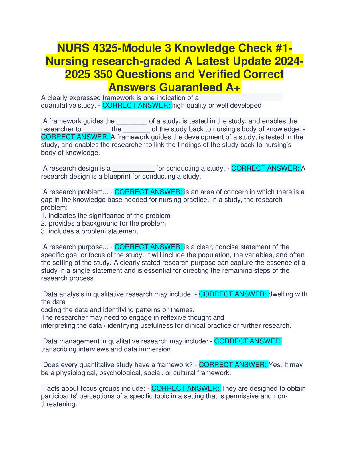 Preview of NURS 4325-Module 3 Knowledge Check #1- Nursing research-graded A Latest Update 2024- 2025