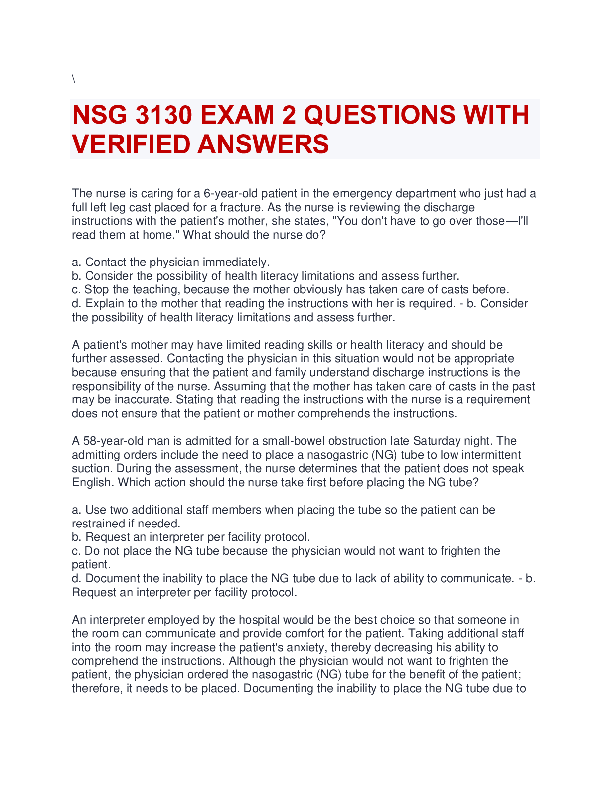 Preview of NSG 3130 EXAM 2 QUESTIONS WITH VERIFIED ANSWERS