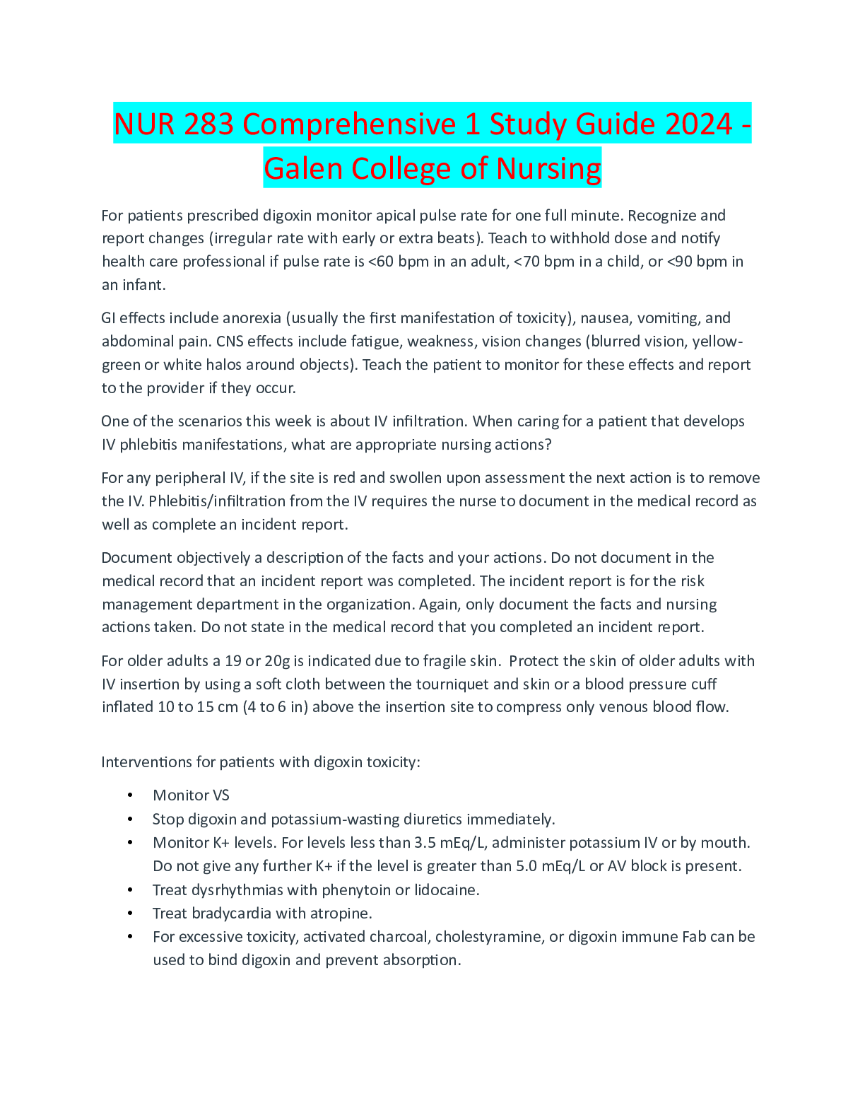 Recommended document preview for NUR 283 Comprehensive 1 Study Guide 2024 - Galen College of Nursing