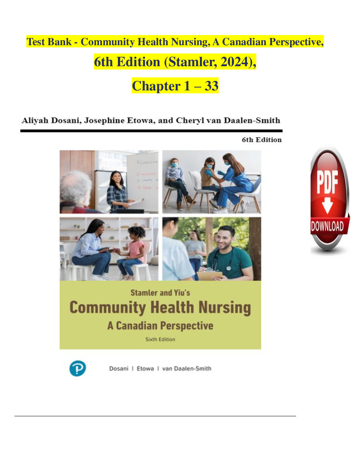 Preview image for Test Bank for Community Health Nursing, A Canadian Perspective, 6th Edition Stamler , Chapter 1 – 33