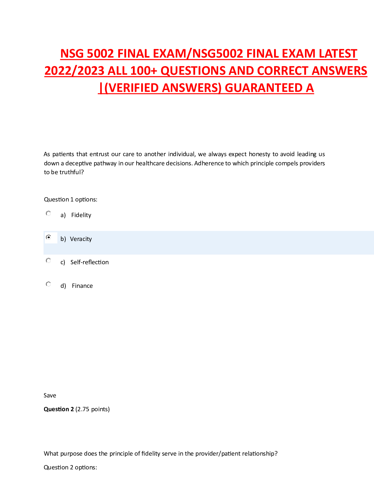 Preview of NSG 5002 FINAL EXAMNSG5002 FINAL EXAM LATEST 20222023 ALL 100+ QUESTIONS AND CORRECT ANSWE