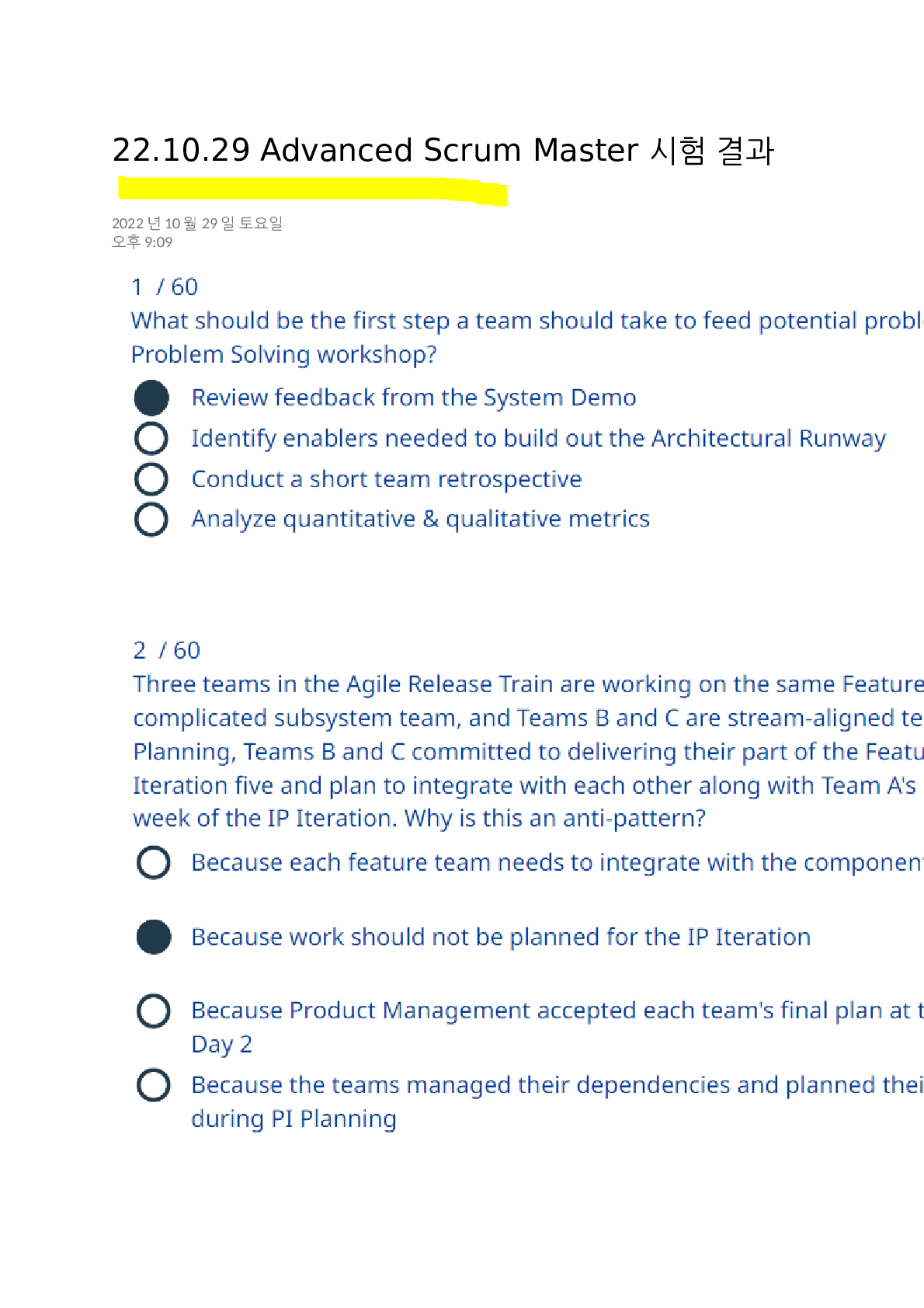 Preview of safe advanced scrum master 5.1 exam questions and answers