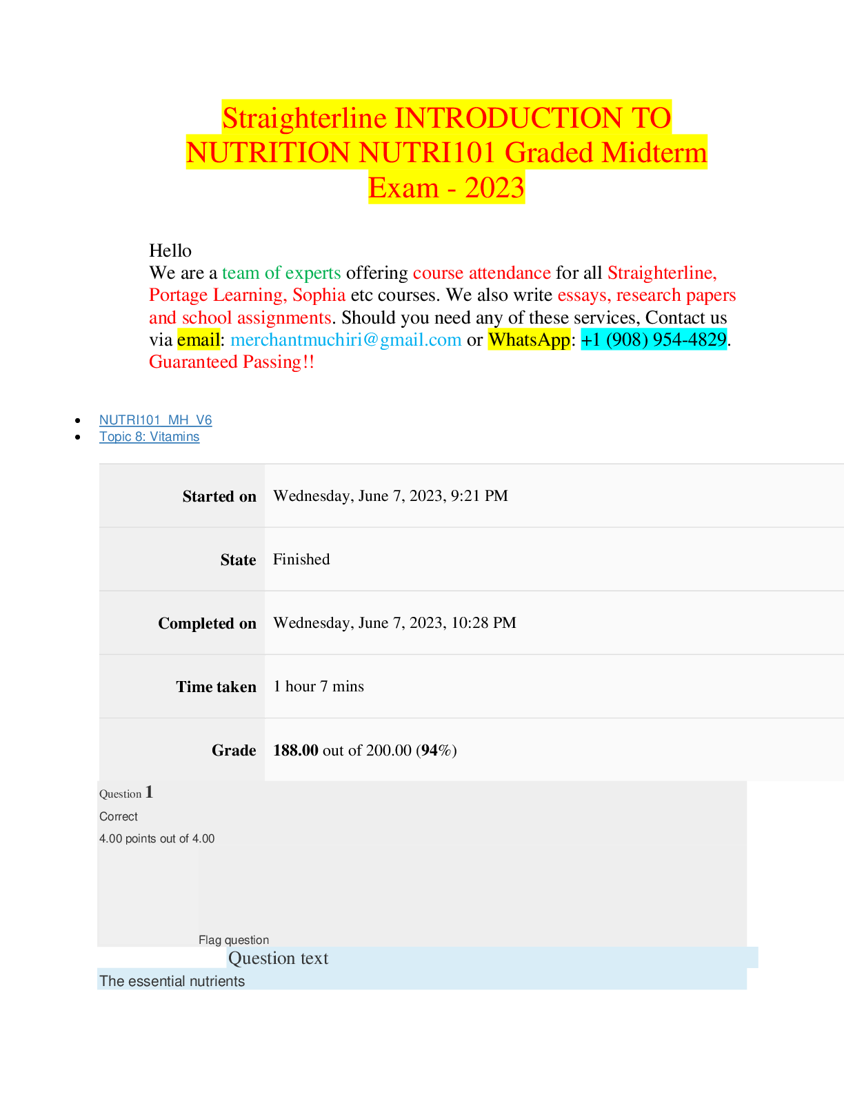 Preview of Straighterline INTRODUCTION TO NUTRITION NUTRI101 Graded Midterm Exam - 2023
