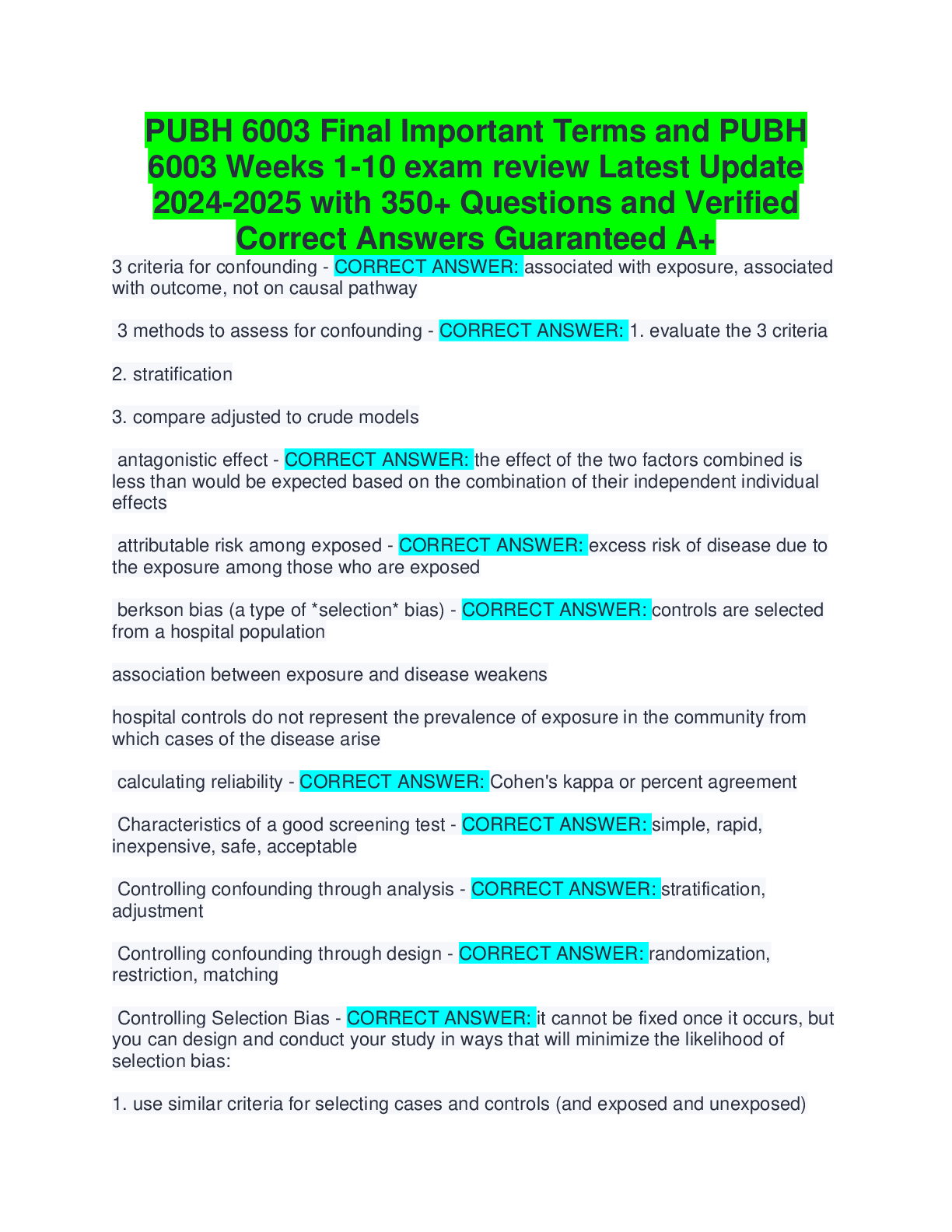 Recommended document preview for PUBH 6003 Final Important Terms and PUBH 6003 Weeks 1-10 exam review Latest Update 2024-2025 with 350+ Questions and Verified Correct Answers Guaranteed A+