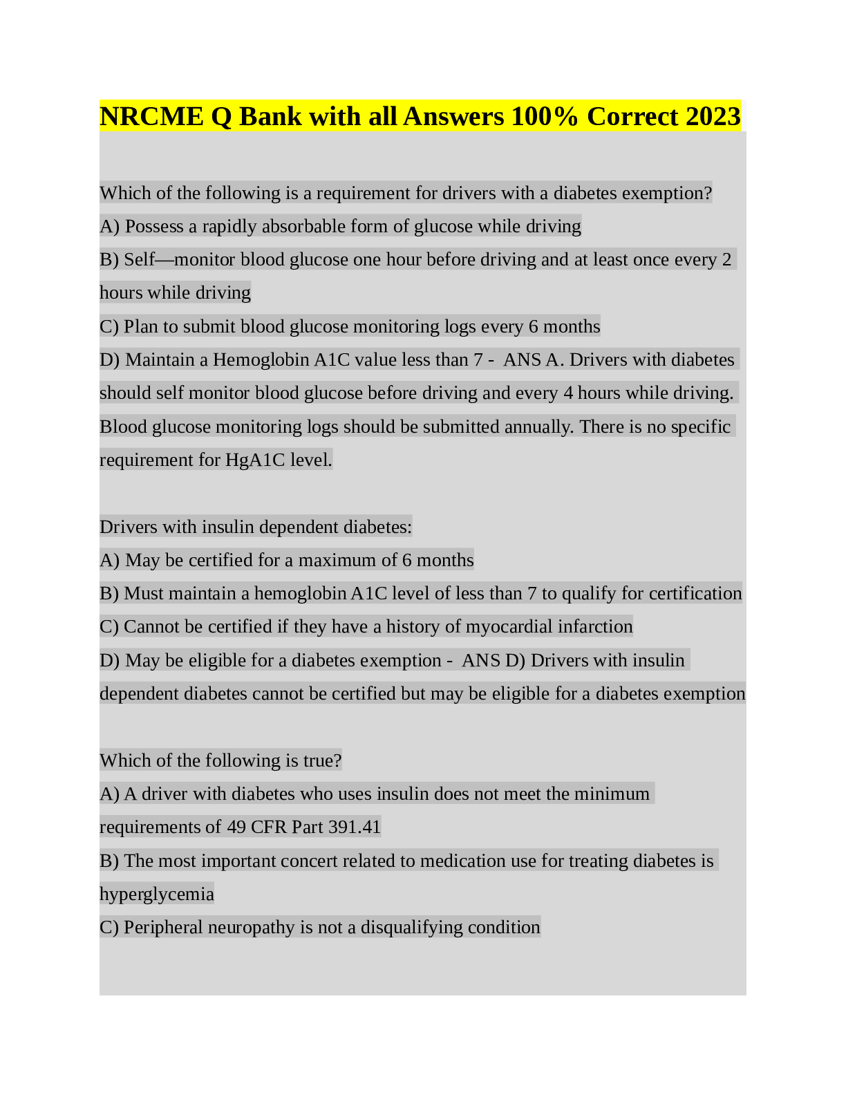 Recommended document preview for NRCME Q Bank with all Answers 100% Correct 2023