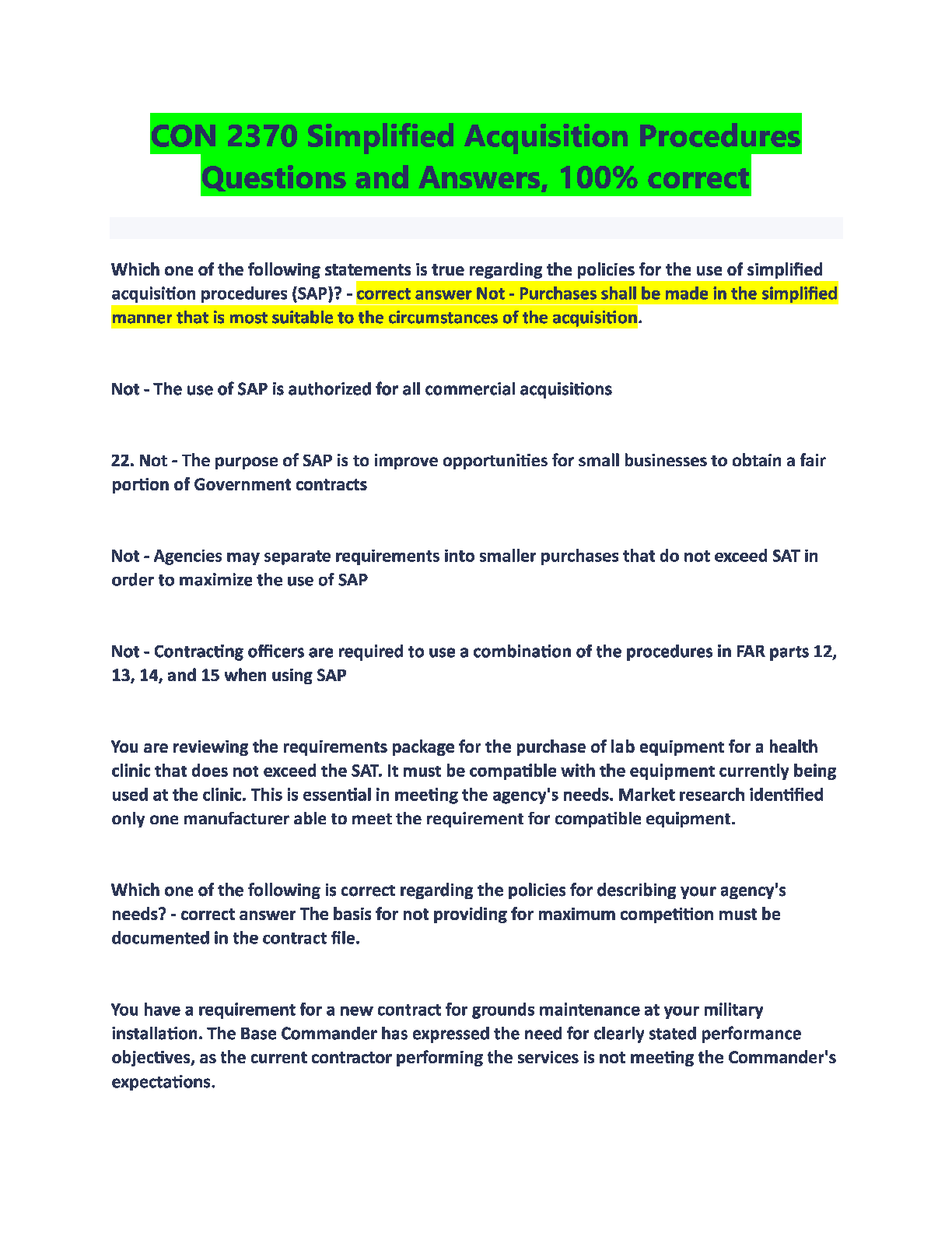 Recommended document preview for CON 2370 Simplified Acquisition Procedures Questions and Answers correct 2024