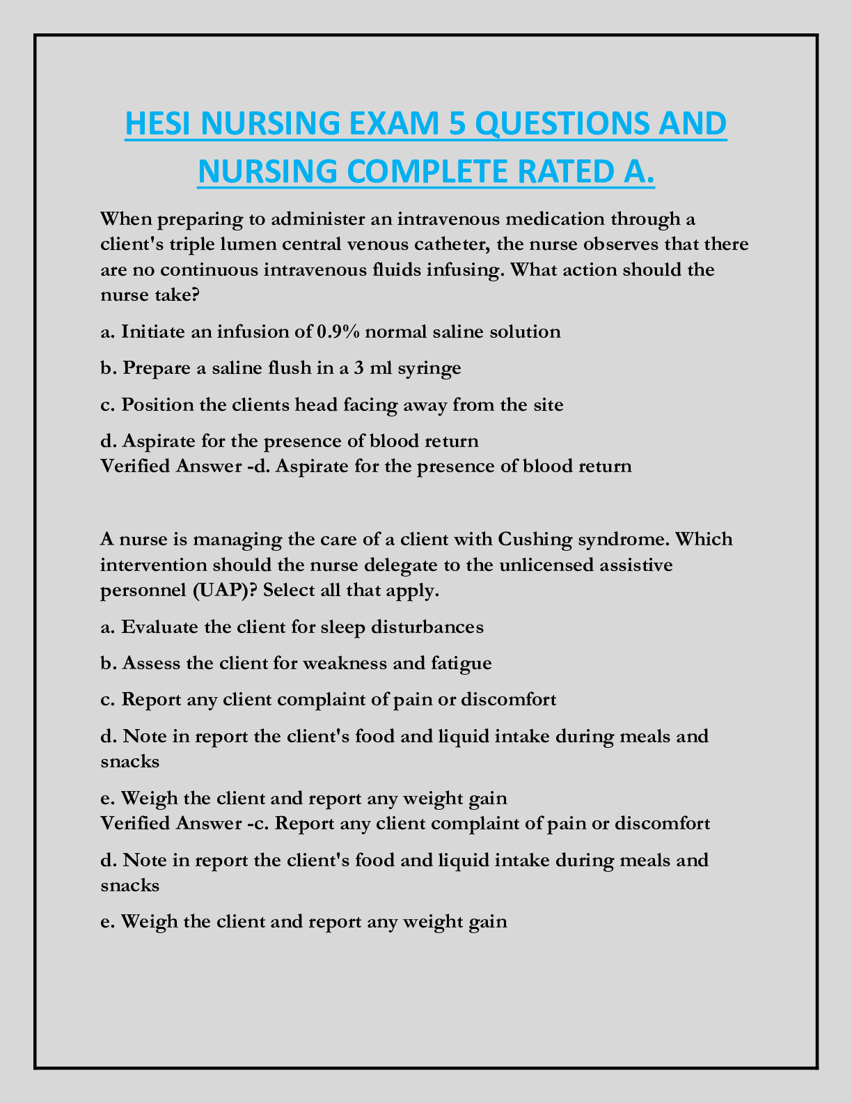 HESI NURSING EXAM 5 QUESTIONS AND  NURSING COMPLETE RATED A.